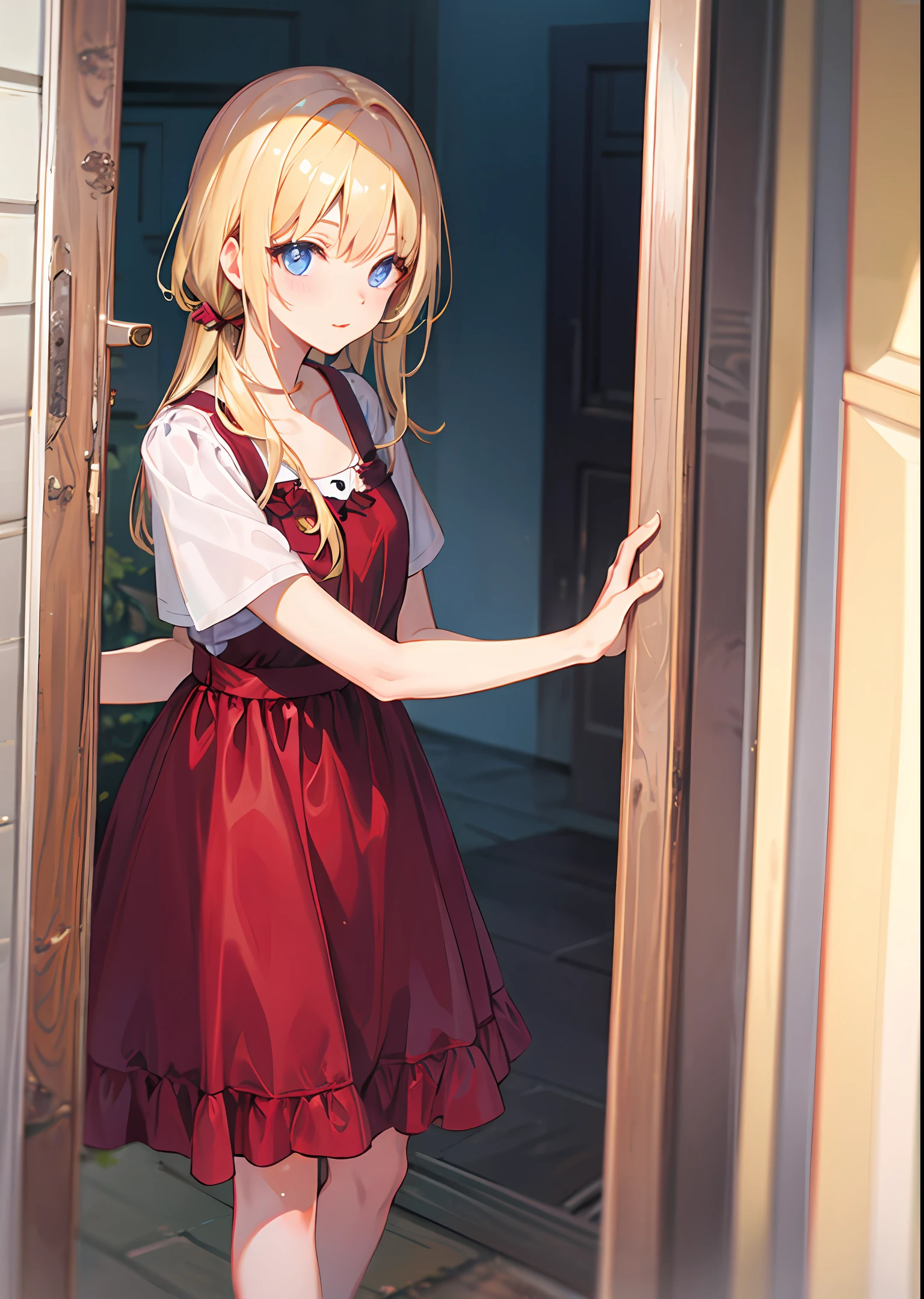 Blonde hair and blue eyes，Wearing a dress，Leaning against the door frame。