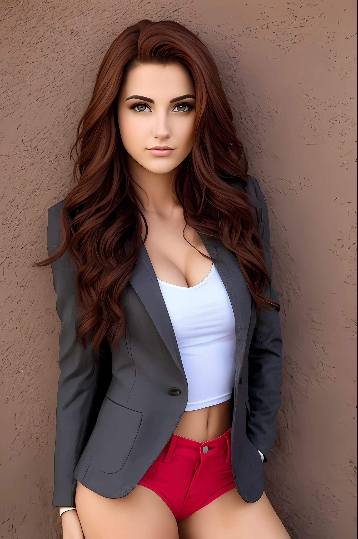 Mulher norte americana, ruiva, de blazer aberto, decote, seios grandes, olhar sensual, alegre, jovem 19 anos, realista