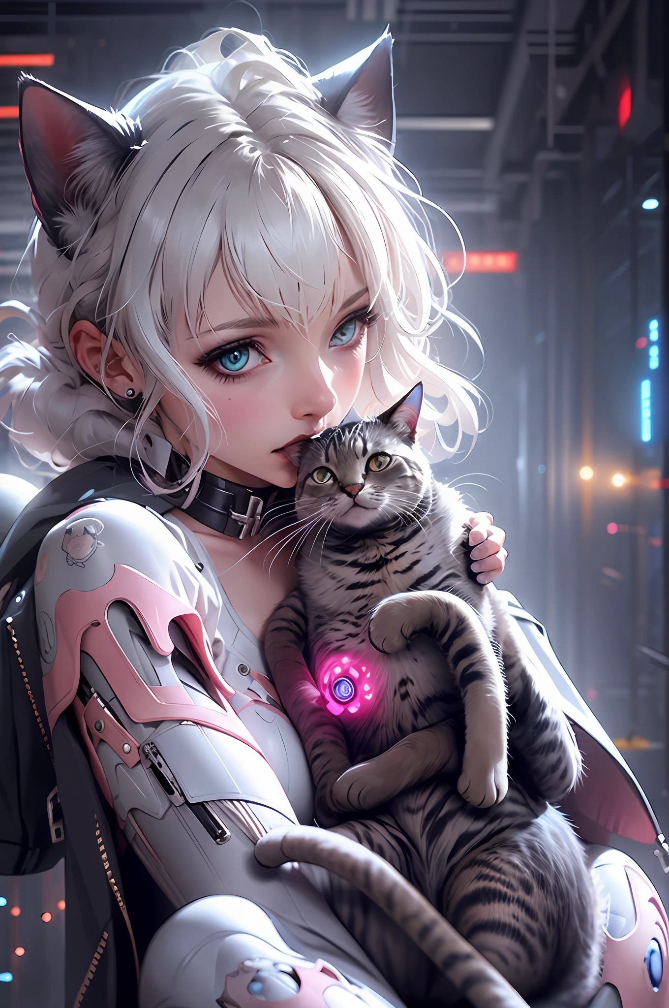 Cat lady, shy, blush, white hair, Surrealism, 8k, super detail, anatomically correct, UHD