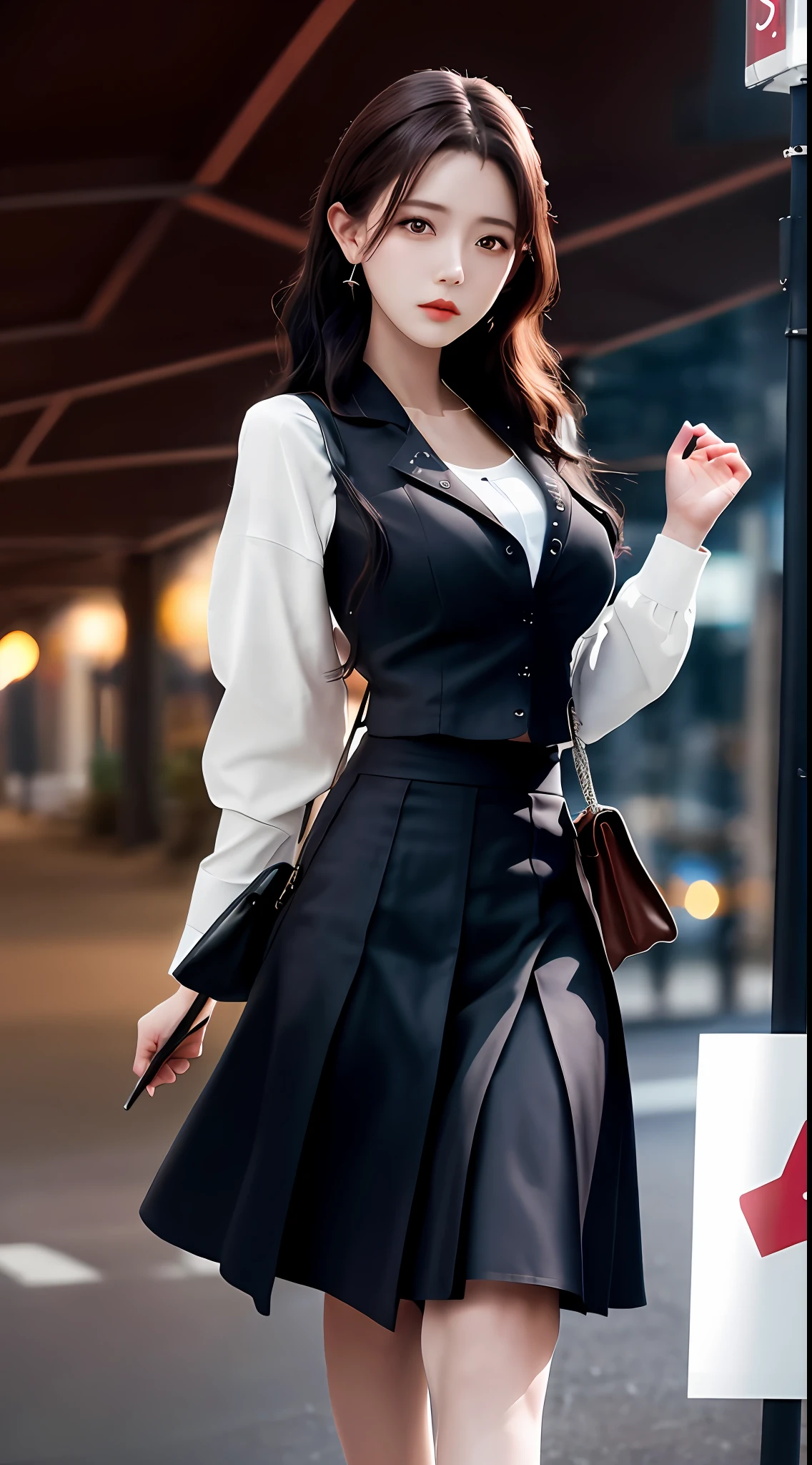 best qualtiy， tmasterpiece， 1girll， beauitful face， （photograph realistic：1.3）， edge lit， （highdetailskin：1.2）， 8K, Ultra HD， ， high high quality， A high resolution， 4K， 8K， Bokeh， absurderes， Optimal proportions of four fingers and one thumb， （realisticlying：1.3）， Cute 1girl，  mediuml breasts， short  skirt，longer sleeves，Scene on the hill