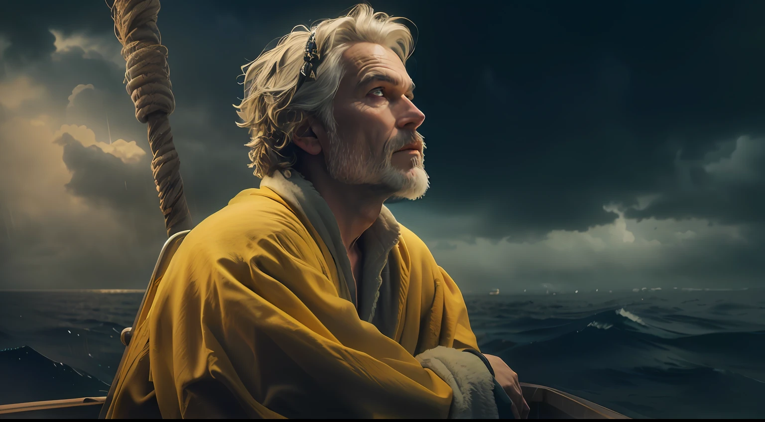 Man in yellow bathrobe sitting on a boat on the ocean, the sea and storms behind him, Directed by: Etienne Delessert, Directed by: Adam Marczyński, Directed by: Matthias Weischer, foto de retrato de pintura fosca, Filme 8K ainda, 4k ainda, O melhor no Adobe Stock, Directed by: Daniel Ljunggren, 8k artistic portrait photography, Shutterstock --auto