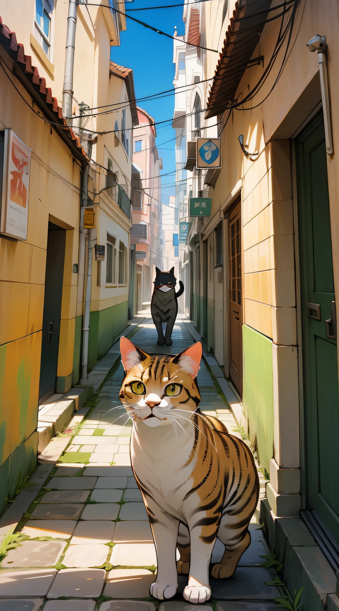 Gato novo, gato de rua, filhote, rajado e marrom, em cima da lata de lixo, lata grande, enferrujado, anoitecendo na cidade, olhos verdes e grandes, expression of tenderness, fofo, realista, luz natural, passarinho pardal emplumado, pousado ao lado do gatinho, amigos, companheiros, Real scenario, casas ao fundo, rua, meio fio, paredes, postes, bicicleta parada, textura, profundidade, 4k