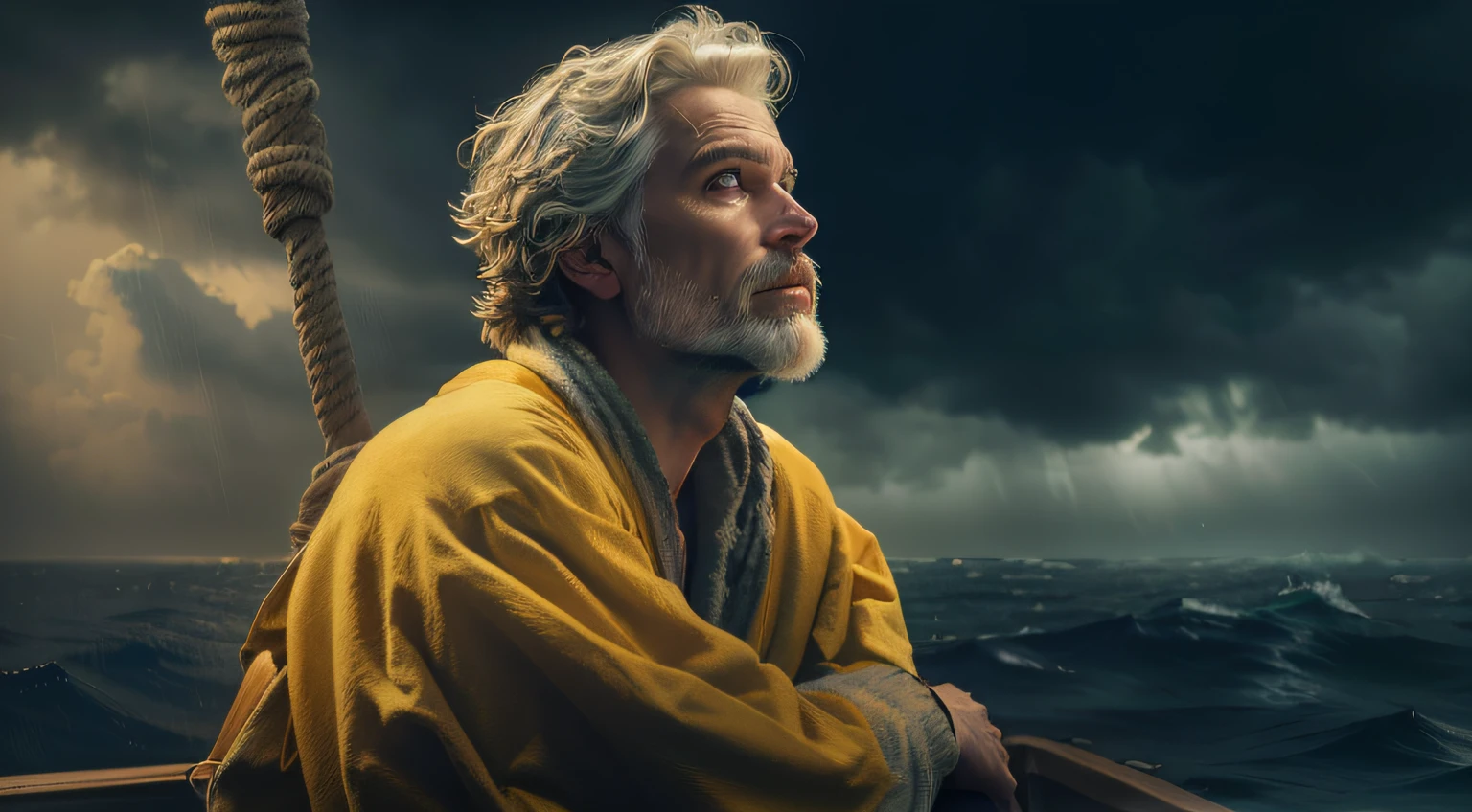 Man in yellow bathrobe sitting on a boat on the ocean, the sea and storms behind him, Directed by: Etienne Delessert, Directed by: Adam Marczyński, Directed by: Matthias Weischer, foto de retrato de pintura fosca, Filme 8K ainda, 4k ainda, O melhor no Adobe Stock, Directed by: Daniel Ljunggren, 8k artistic portrait photography, Shutterstock --auto