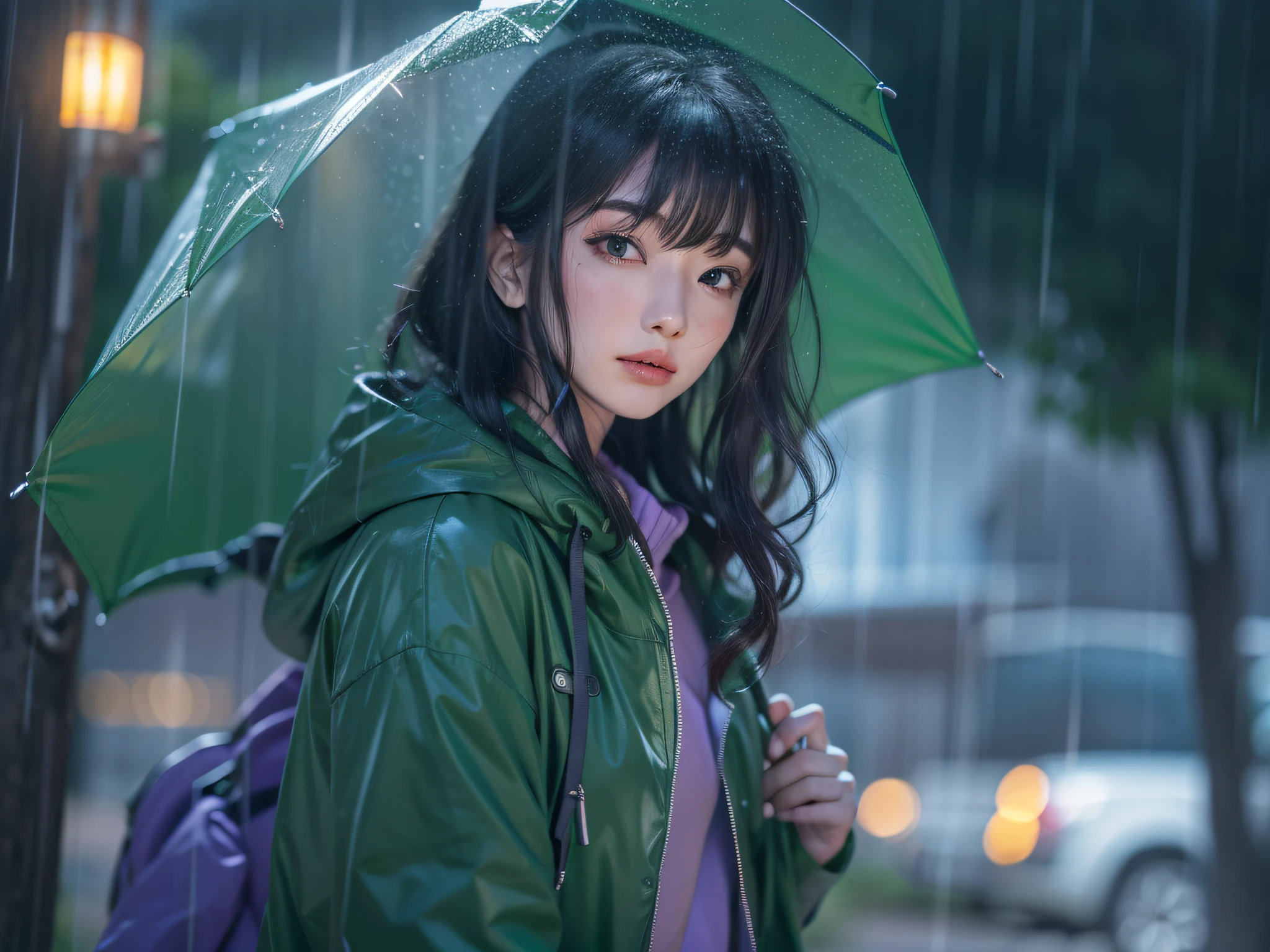 CircuitBoardAI, beautiful, long dark hair (happy1.4) girl in a (green raincoat1.3) and cool, short dark hair  (happy1.2) boy in a (purple raincoat1.4) in the camping ground, blue tend, rain, a character portrait, Tilt-shift, bokeh