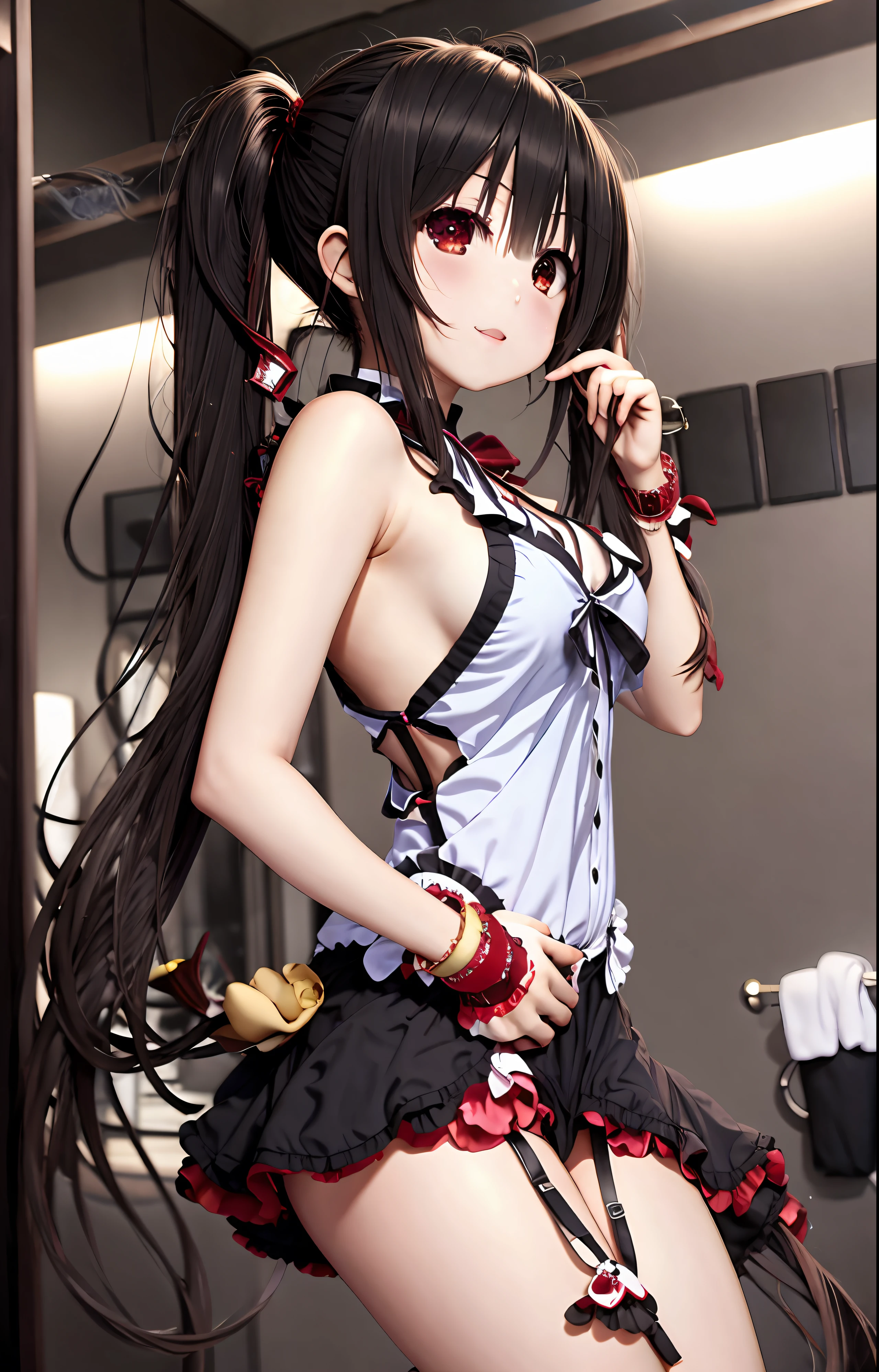 araffe in a black and white outfit posing in a bathroom, anime girl cosplay, tifa lockhart, seductive tokisaki kurumi portrait, tokisaki kurumi, kurumi, seductive anime girl, with black pigtails, full body xianxia, trending at cgstation, glamorous tokisaki kurumi, anime cosplay, portrait of tokisaki kurumi