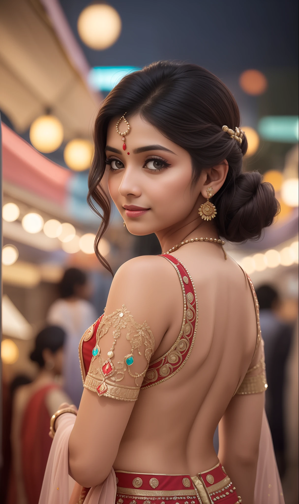 (backview:1.5),(longshot:1.5),24-28 Years Old bollywood indian female fashion mode,bob hair style,brown skin,dressed Sari,Happy expression on face,at the night market,backlight, extremely realistic, 8k, insane details, intricate details, cinematic color graded,Color Grading, Editorial Photography, Photography,sharp focus, taken with a 60mm lens, ISO 300, f/4, 1/200th