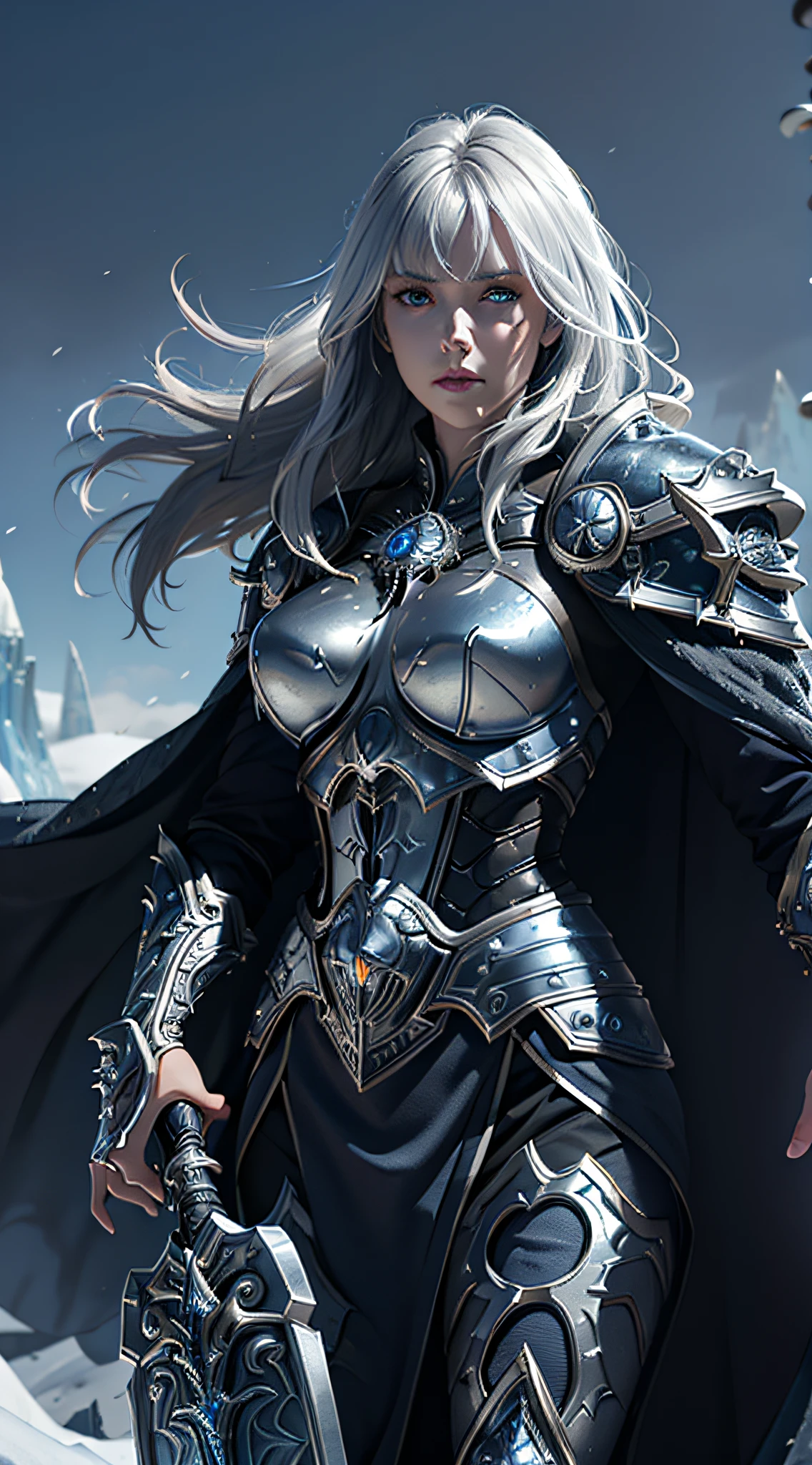 8k,ultra detailed, masterpiece, best quality, (extremely detailed), dynamic angle, Mysterious expression, wind effect, fantasy background, rim lighting, cinematic light, ultra high res, 8k uhd, film grain,best shadow, delicate, RAW, light particles, detailed skin texture, detailed armor texture, detailed face, intricate details, ultra detailed, bright, strong, silver armor, (holding weapon), slashing, slash action, pauldrons, glowing eyes, long cape, fantasy, (realistic), shoulder armor, complex, intricate, perfect lighting, looking at viewer, cinematic lighting, flying in sky,flying, holy light, vivid, bangs, windy, frozen mountains, long white wavy hair, lich queen