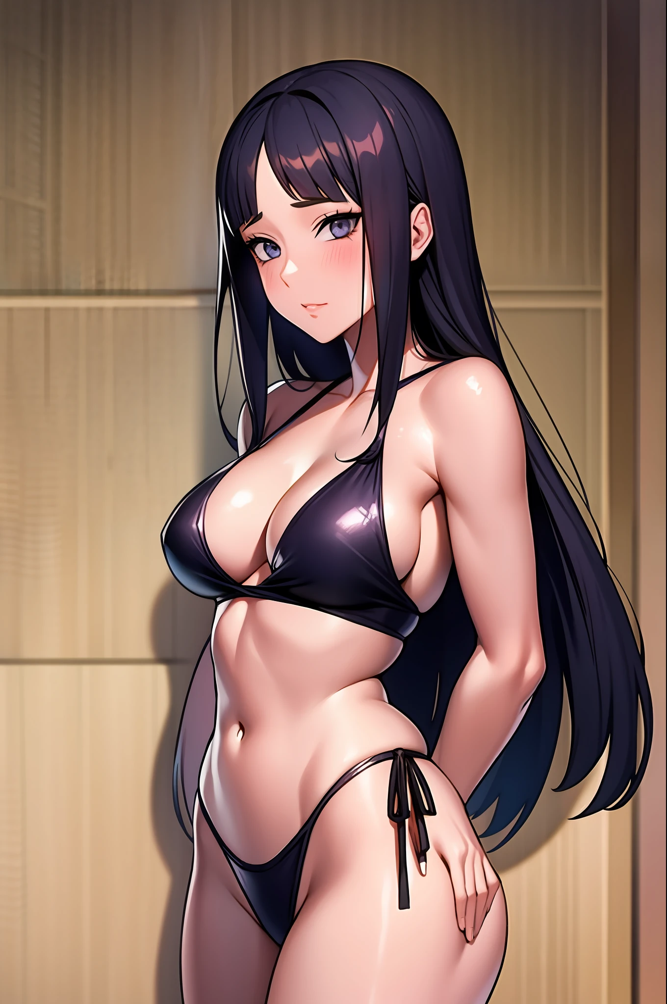 1girl, detalhada, black swimsuit,cabelo rosa,sensual,peitos grandes,bunda grande ,olhando para o espectador,estilo,anime,fundo de praia,(Hinata hyuga ), Naruto ,anime, corpo inteiro,