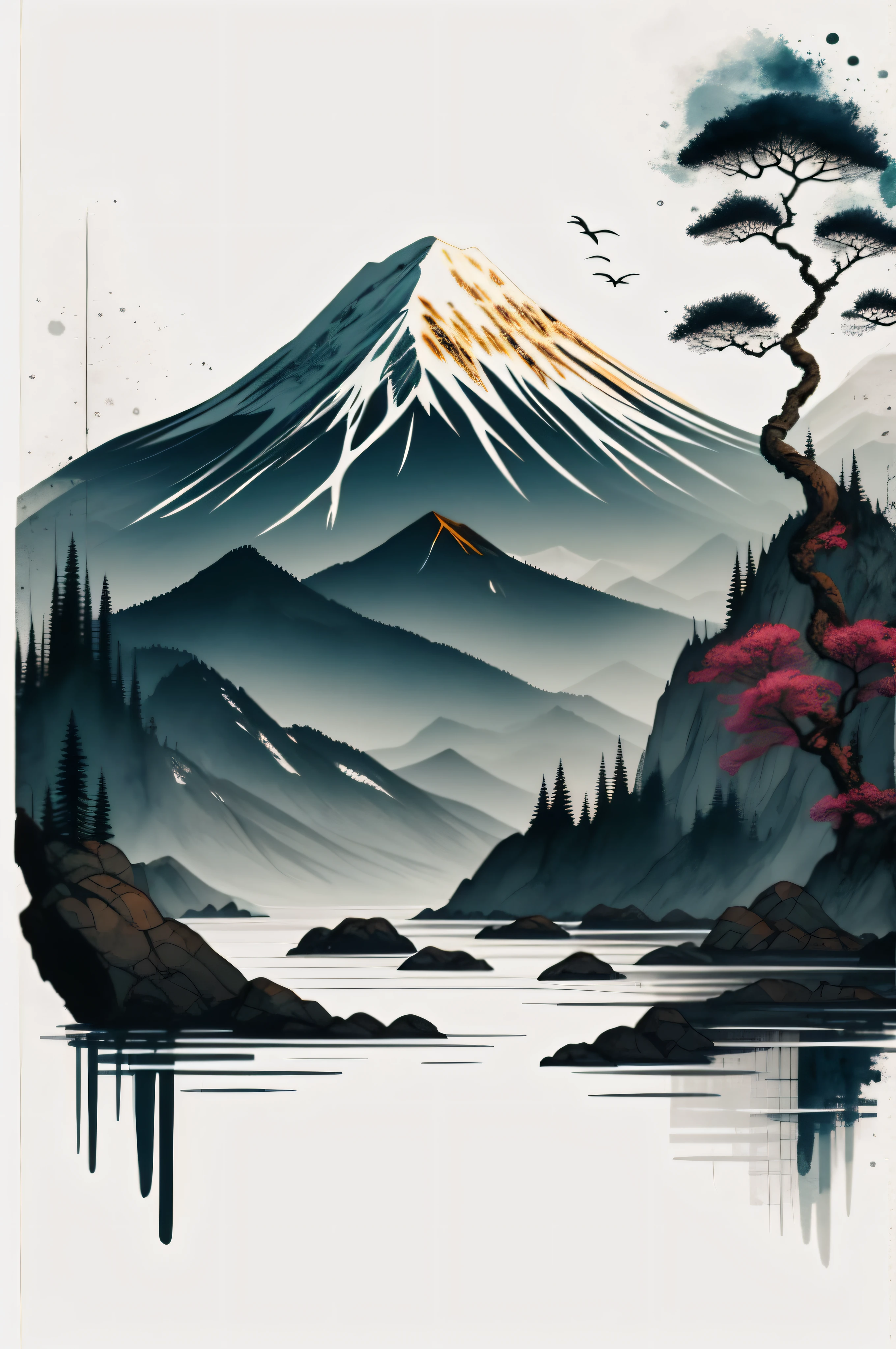 white background, scenery, ink, mountains, water, trees ,