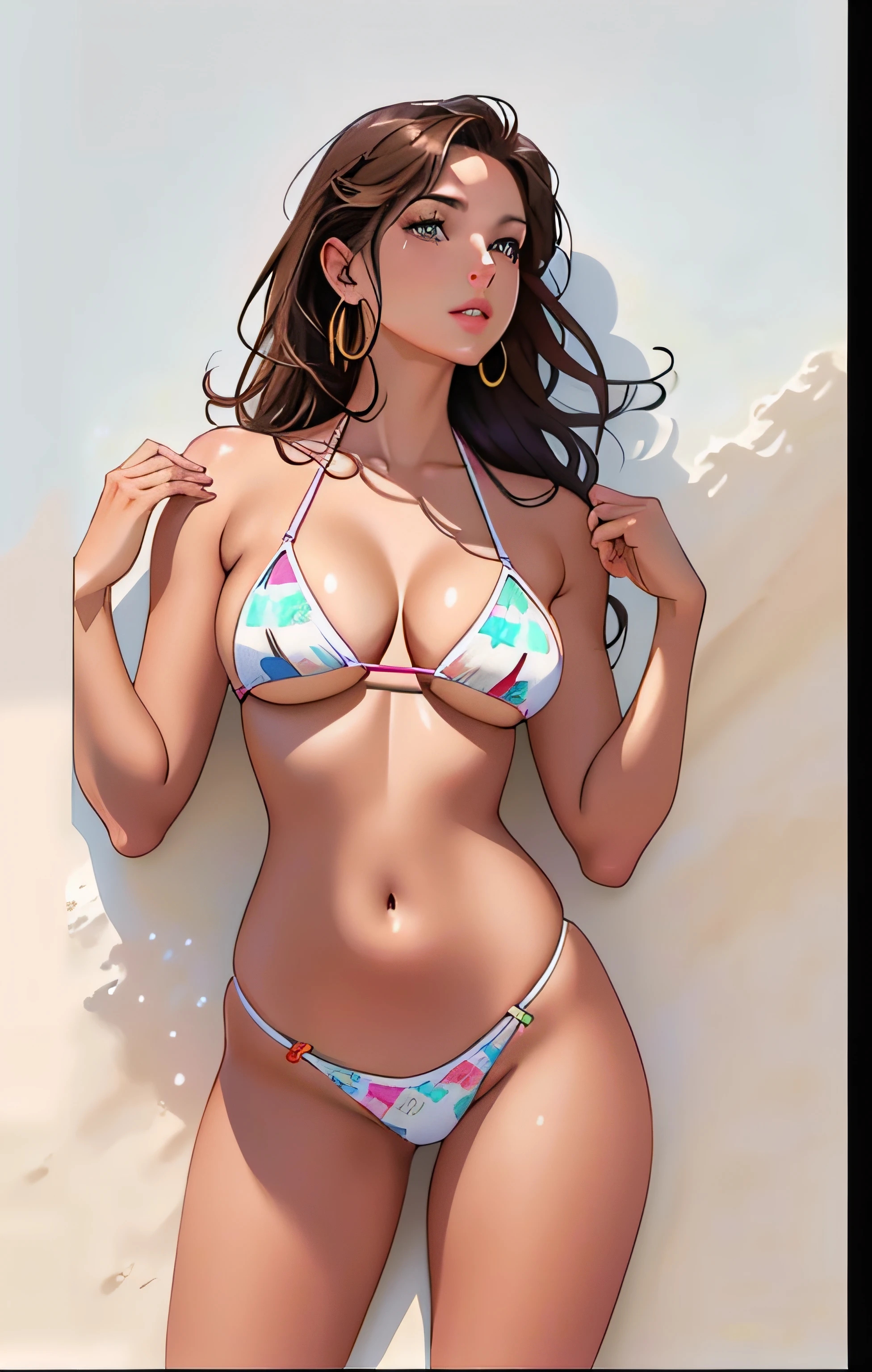 verano, DESIERTO, nubes rosadas, A land covered with roses meets beautiful girl, James Gurney, rendered art station, lente ultra gran angular, Hi-Def.. Una mujer en bikini floreado. Un primer plano de una mujer en bikini posando para una foto, Bikini realista, Modelo IG | Artgerm, sexy girl, brown hair and a perfect body, cuerpo sexy, Hermosa modelo de bikini, Cuerpo perfecto fotorrealista, Hermosa cara y figura, cuerpo perfecto, Lois Rossdraw, Lindo bikini, RossDraw 1. 0, Artgerm extremadamente detallado