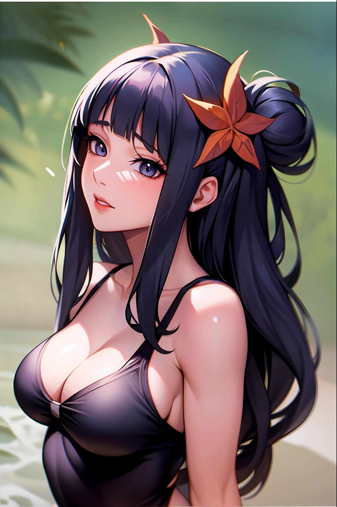 1girl, detalhada, black swimsuit,cabelo rosa,sensual,peitos grandes,bunda grande ,olhando para o espectador,estilo,anime,fundo de praia,(Hinata hyuga ), Naruto ,anime, corpo inteiro,