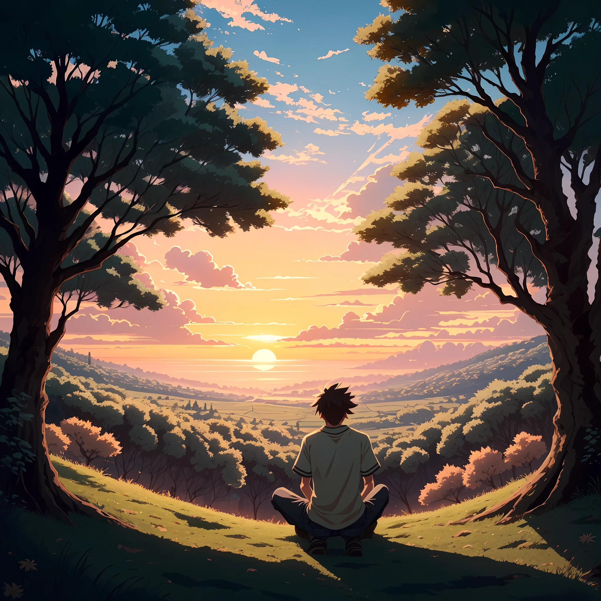 garoto relaxando em um campo, com por do sol ao fundo, passaros, arvores, alta qualidade, 4k, 8k, anime, lofi anime,