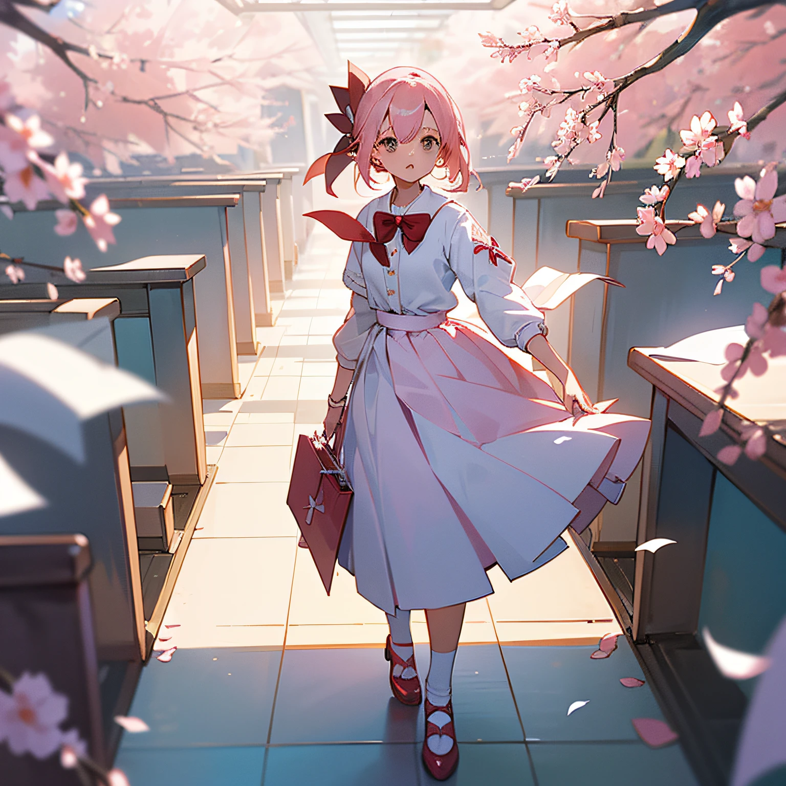 (Personagem feminina em estilo manga, light pink hair with white bow, roupa escolar Sakura, olhos grandes e expressivos, vestido curto branco com meias 3/4, sapatos escolares vermelhos) (Gato preto sentado ao lado, com olhos grandes e brilhantes, Red bow on neck) (Com tsuru de papel voando ao redor, em um ambiente escolar de sala de aula, com uma janela aberta e brisa suave entrando) --auto