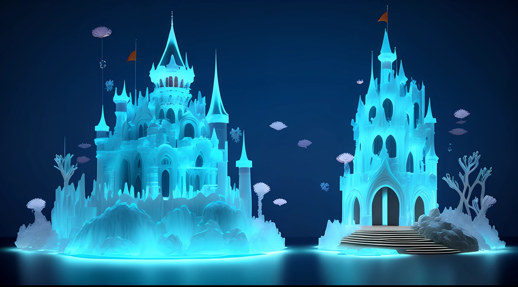 There are two ice sculptures of the castle and the castle on the lake, jellyfish temple, Floating palace, intricate ornate anime cgi style, closeup fantasy with water magic, voluminetric lighting. fantasy, beautiful render of a fairytale, light kingdom backdrop, fantasia 3 d render, art nouveau octane render, stuning fantasy 3 d render, Undersea temple, luminescent matte painting