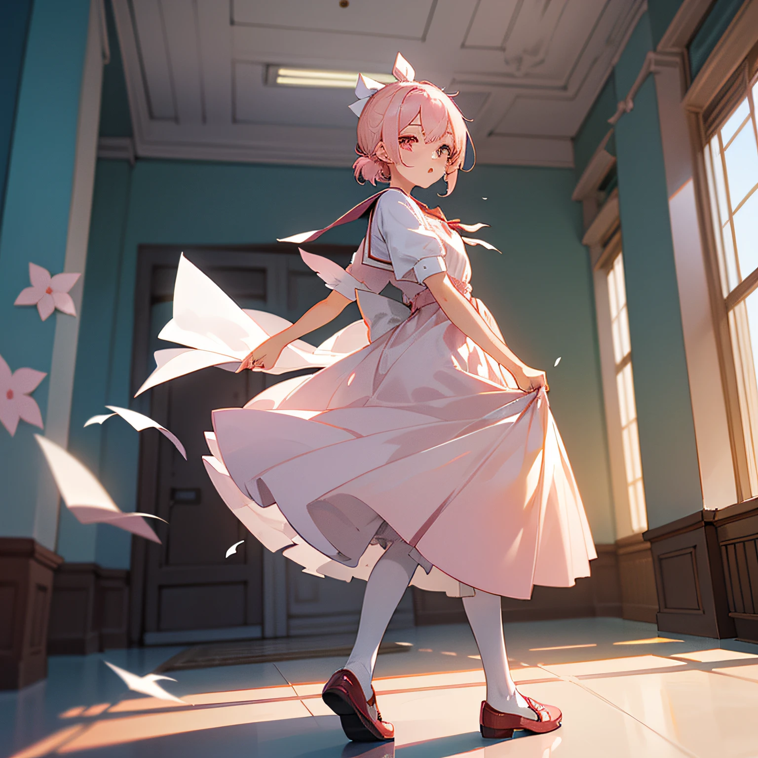 (Personagem feminina em estilo manga, light pink hair with white bow, roupa escolar Sakura, olhos grandes e expressivos, vestido curto branco com meias 3/4, sapatos escolares vermelhos) (Gato preto sentado ao lado, com olhos grandes e brilhantes, Red bow on neck) (Com tsuru de papel voando ao redor, em um ambiente escolar de sala de aula, com uma janela aberta e brisa suave entrando) --auto