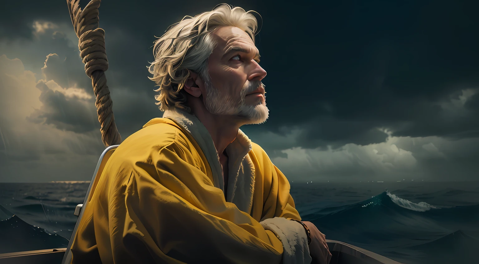 Man in yellow bathrobe sitting on a boat on the ocean, the sea and storms behind him, Directed by: Étienne Delessert, Directed by: Adam Marczyński, Directed by: Matias Weischer, foto de retrato de pintura fosca, Filme 8K ainda, 4k ainda, O melhor no Adobe Stock, Directed by: Daniel Ljunggren, 8k artistic portrait photography, Shutterstock --auto