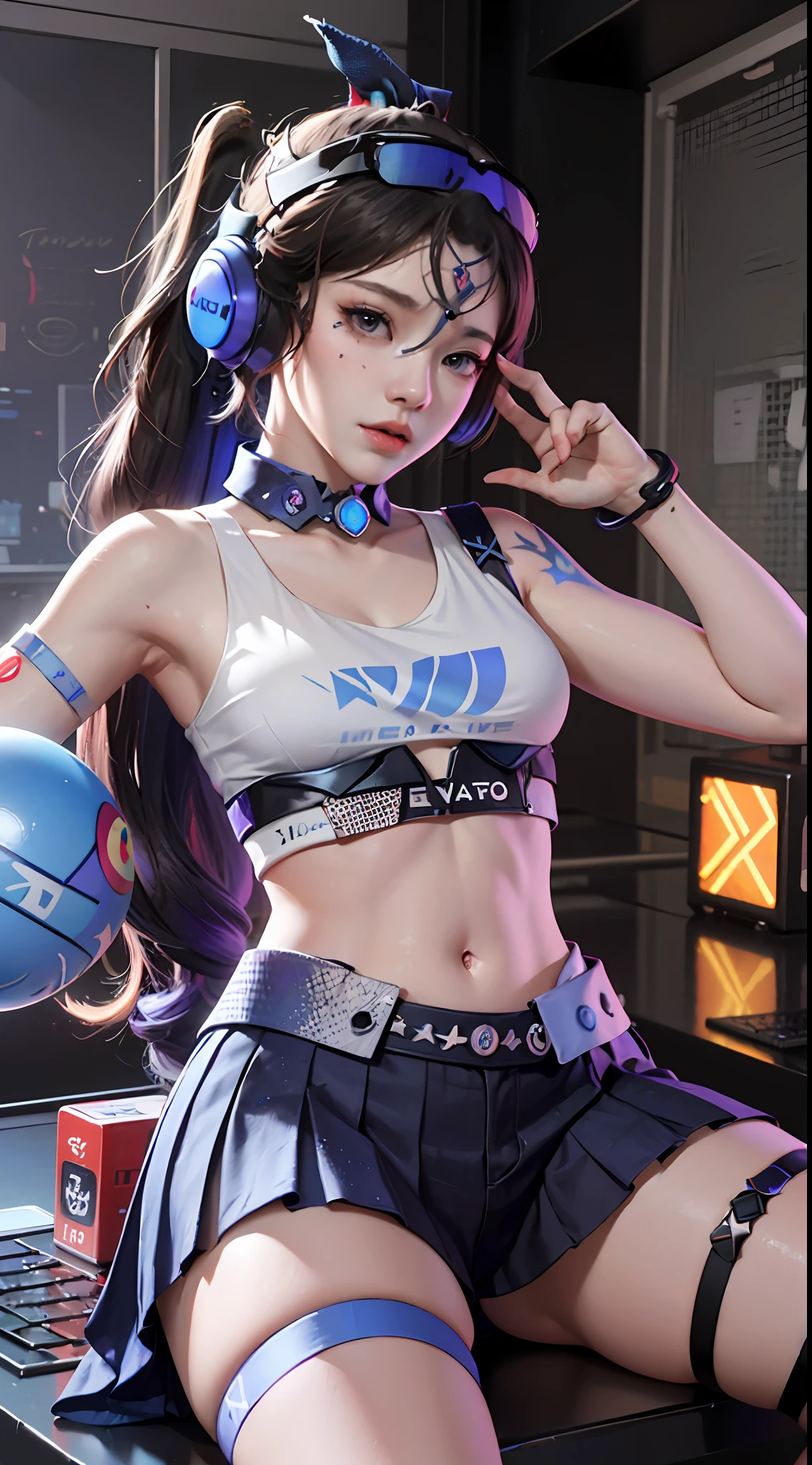 (((((7 avatar shot)))), Silver Wolf, Masterpiece, Best Quality, Ultra Detailed, Extremely Detailed 16k CG Wallpaper, Beautiful Face, (Silver Wolf in Esports Room), (Perfect Beautiful Curved Figure), Seated, Rainbow Color Jewel Eyes, Wearing Resin Hologram Sports Bra, Crop Top Drape, Mini Pleated Skirt, Bell Collar, Logo, Impotence, Contour Light, Concert, Neon Sign, Audio, Bell Collar, Esports Headset, Computer, Esports Room, Play Games, White Interior Through Red Skin, holographic projection, flat sphere, graffiti logo, highly detailed tattoo_,
Authoring information