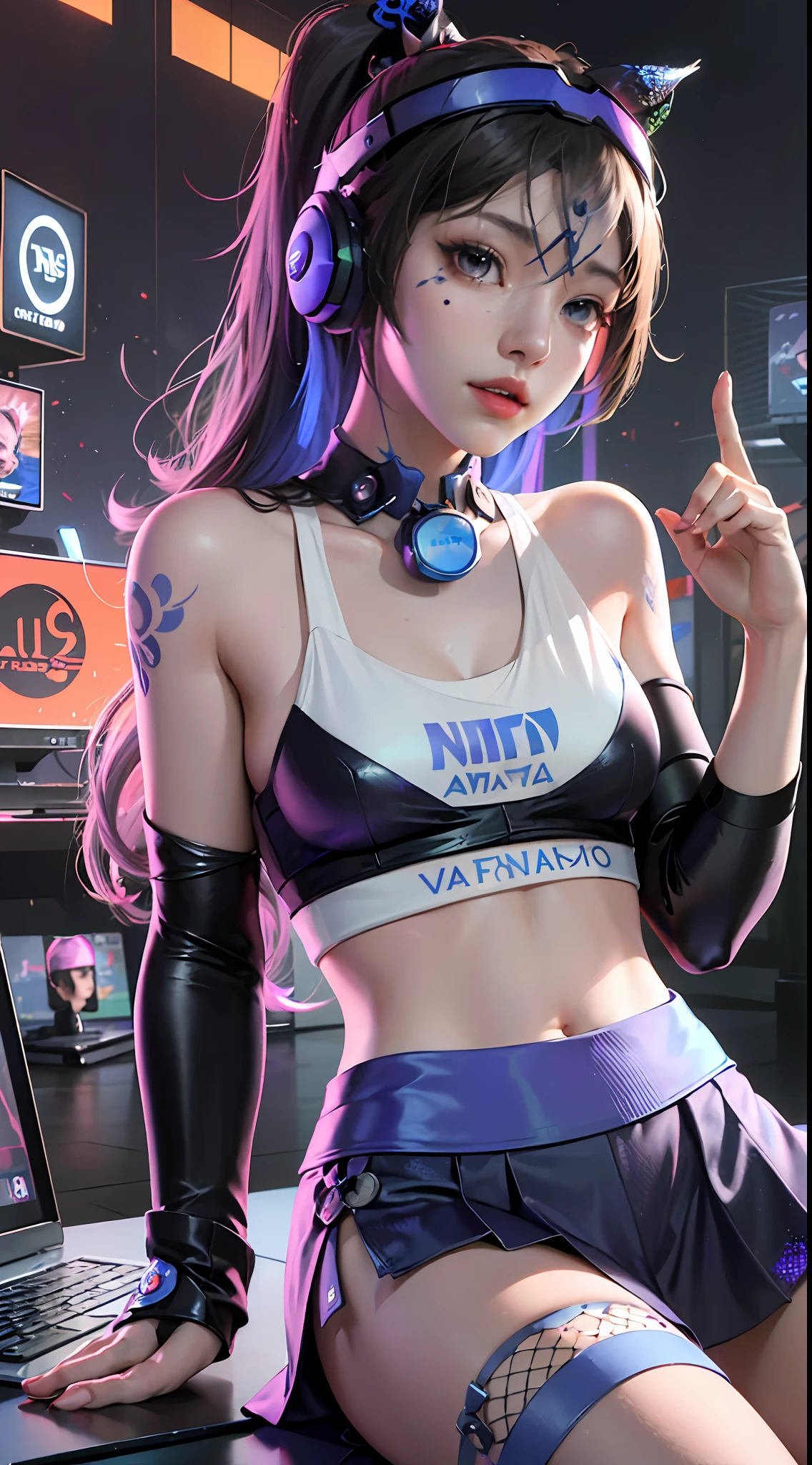 (((((7 avatar shot)))), Silver Wolf, Masterpiece, Best Quality, Ultra Detailed, Extremely Detailed 16k CG Wallpaper, Beautiful Face, (Silver Wolf in Esports Room), (Perfect Beautiful Curved Figure), Seated, Rainbow Color Jewel Eyes, Wearing Resin Hologram Sports Bra, Crop Top Drape, Mini Pleated Skirt, Bell Collar, Logo, Impotence, Contour Light, Concert, Neon Sign, Audio, Bell Collar, Esports Headset, Computer, Esports Room, Play Games, White Interior Through Red Skin, holographic projection, flat sphere, graffiti logo, highly detailed tattoo_,
Authoring information