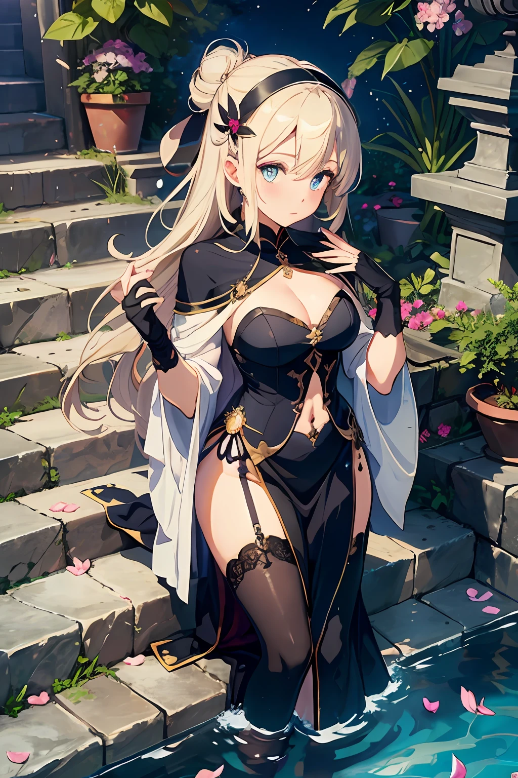 masterpiece, best quality, extremely detailed CG unity 8k wallpaper, Volumetric Lighting, Best Shadows, best Depth of Field, 1girl, solo, blonde hair, long hair, half updo, silver magic robe, black tunic, hair ornament, heart, diamond hairband, holding, balance scale, fingerless gloves, Stunningly Beautiful Girl,(delicate eyes), (ignorant face) , looking at viewer, stepping into the pool, stone stairs, wading pool, riverbank, flowery, butterflies, ((flying petal)), (crescent moon), moonlight, potted plant, night,