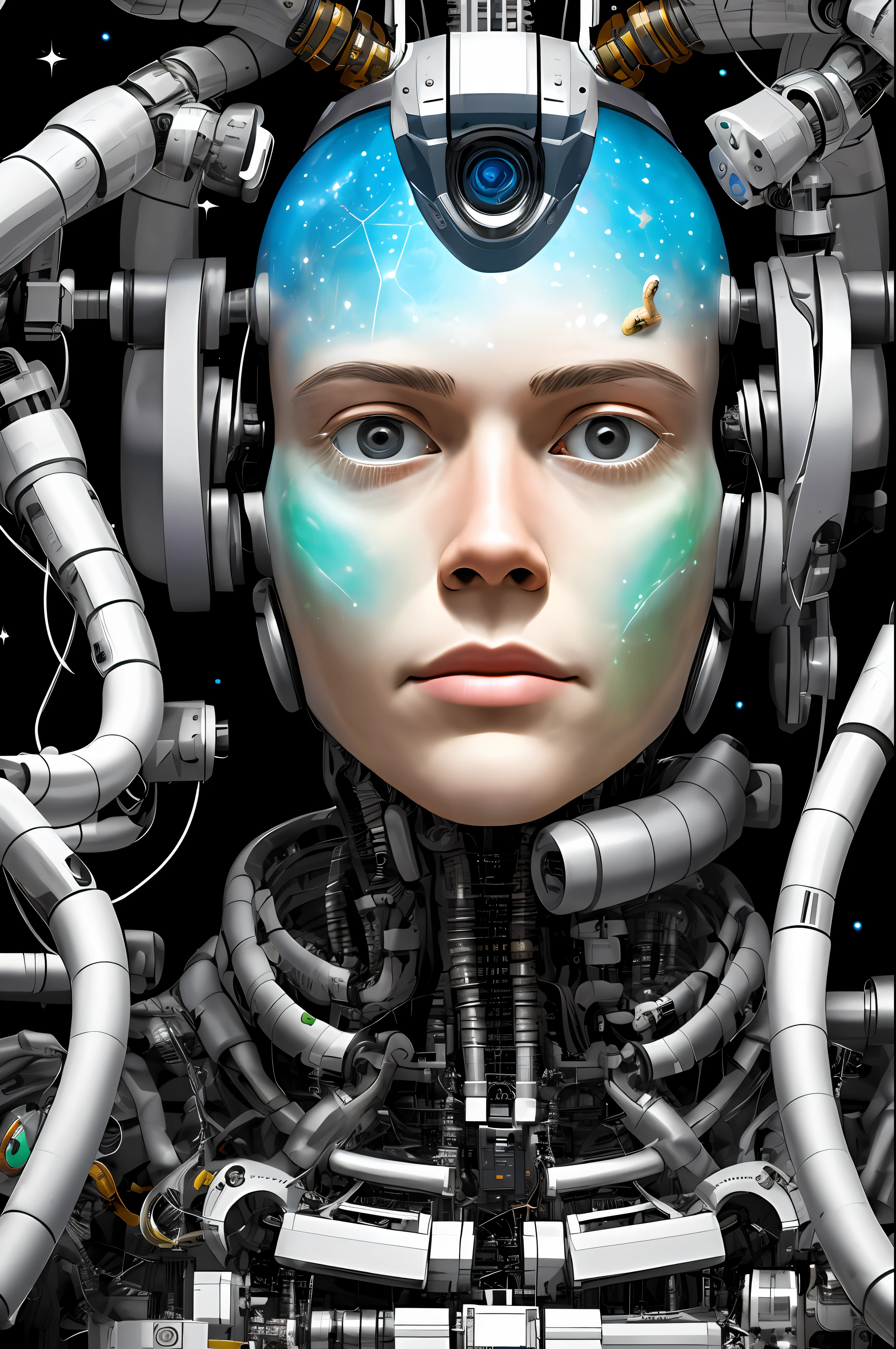 Um rosto humanoide, metade humano metade robotico, super criativo, composition type art installation with universe