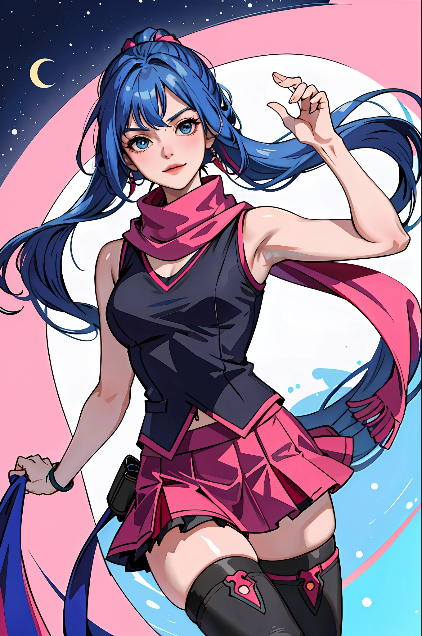 (masterpiece:1.2, best quality), (1lady, solo:1.2), blue hair, long hair, red scarf, T-shirt, black vest, pink skirt, stockings, pink combat boots,
