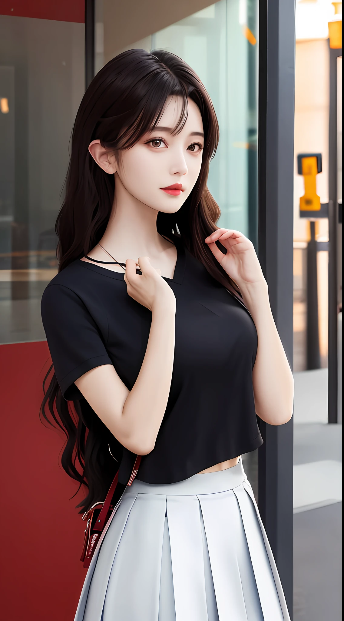 best qualtiy, tmasterpiece, 1girll, beauitful face, (photograph realistic:1.3), edge lit, (highdetailskin:1.2), 8K, Ultra HD, , high high quality, A high resolution, 4K, 8K, Bokeh, absurderes, Optimal proportions of four fingers and one thumb, (realisticlying:1.3), Cute 1girl, mediuml breasts, short skirt,short- sleeved