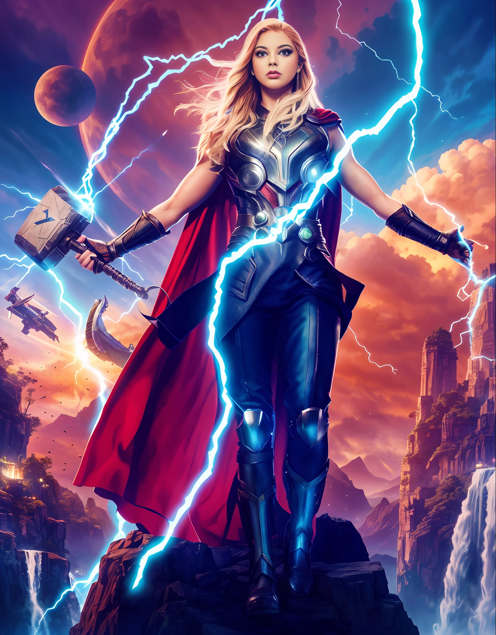 THOR THOR THOR THOR th, THOR, Estrelando o filme Thor Ragnarok, Erin Moriarty como Feiticeira Escarlate, THOR 2 filme da marvel, sem texto, personagem do cartaz do filme, Elon Musk como Thor, Asgard Ascendente, Asgard, Ruiva, Longos e volumosos cabelos cacheados