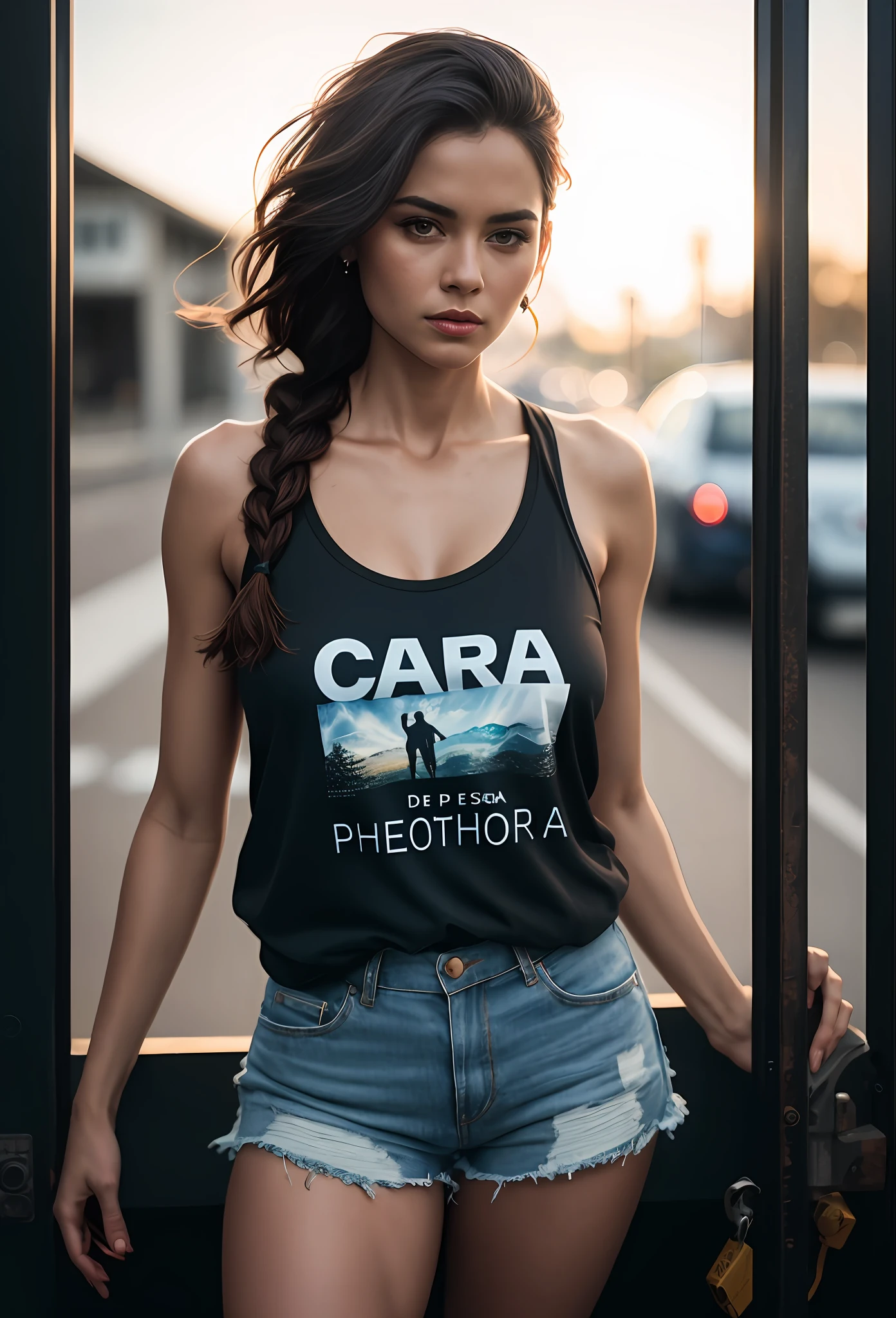 ((linda mulher de pele clara)), (cabelo (((liso))) stuck in the braid), ((magro, pequeno)), em traje basico ((Camiseta (Camiseta) camiseta inteira lisa)) (shorts apertado) (coxas a mostra) fotografiarrealista, fotografia, obra-prima, realista, Realismo, renderizado, Alto contraste, digital art photographyrealistic trend in Artstation 8k HD high definition detailed realistic, detalhado, textura da pele, hiper detalhado, Textura realista da pele, armadura, melhor qualidade, ultra high-resolution, (fotografiarrealista: 1.4), alta resolução, detalhado, fotografia crua, sharp re, by Lee Jeffries Nikon D850 Film Stock Photography 4 Kodak Portra 400 Camera Lens F1.6 rich colors realistic texture hyper realistic dramatic lighting unrealengine trending on artstation cinestill 800, ....RAW