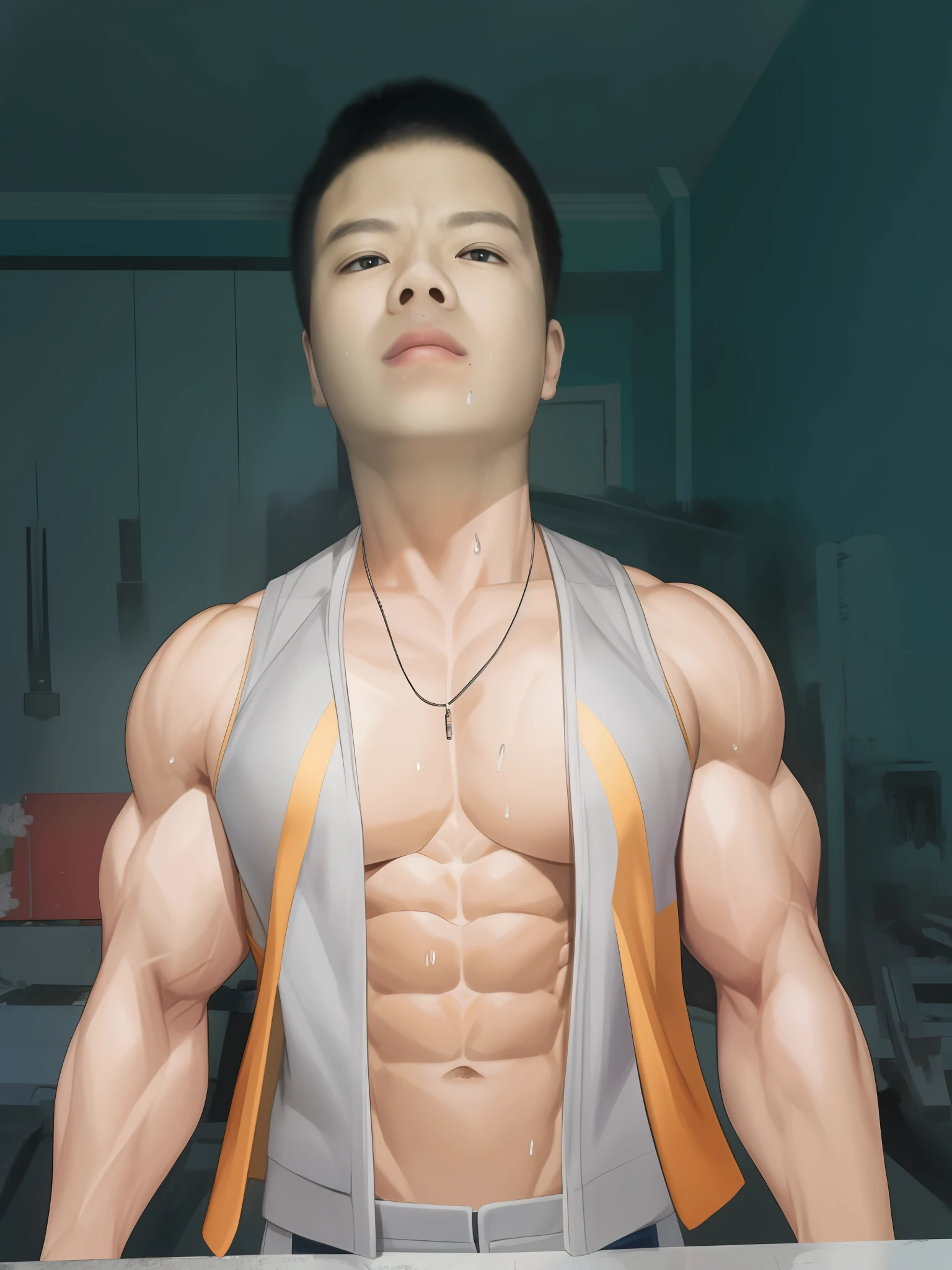 The upper body is strong and powerful，Strong pectoral muscles，Thick arms，Abs are pronounced，Wear a stylish vest，The crotch is slightly raised，There is a little sweat on the body