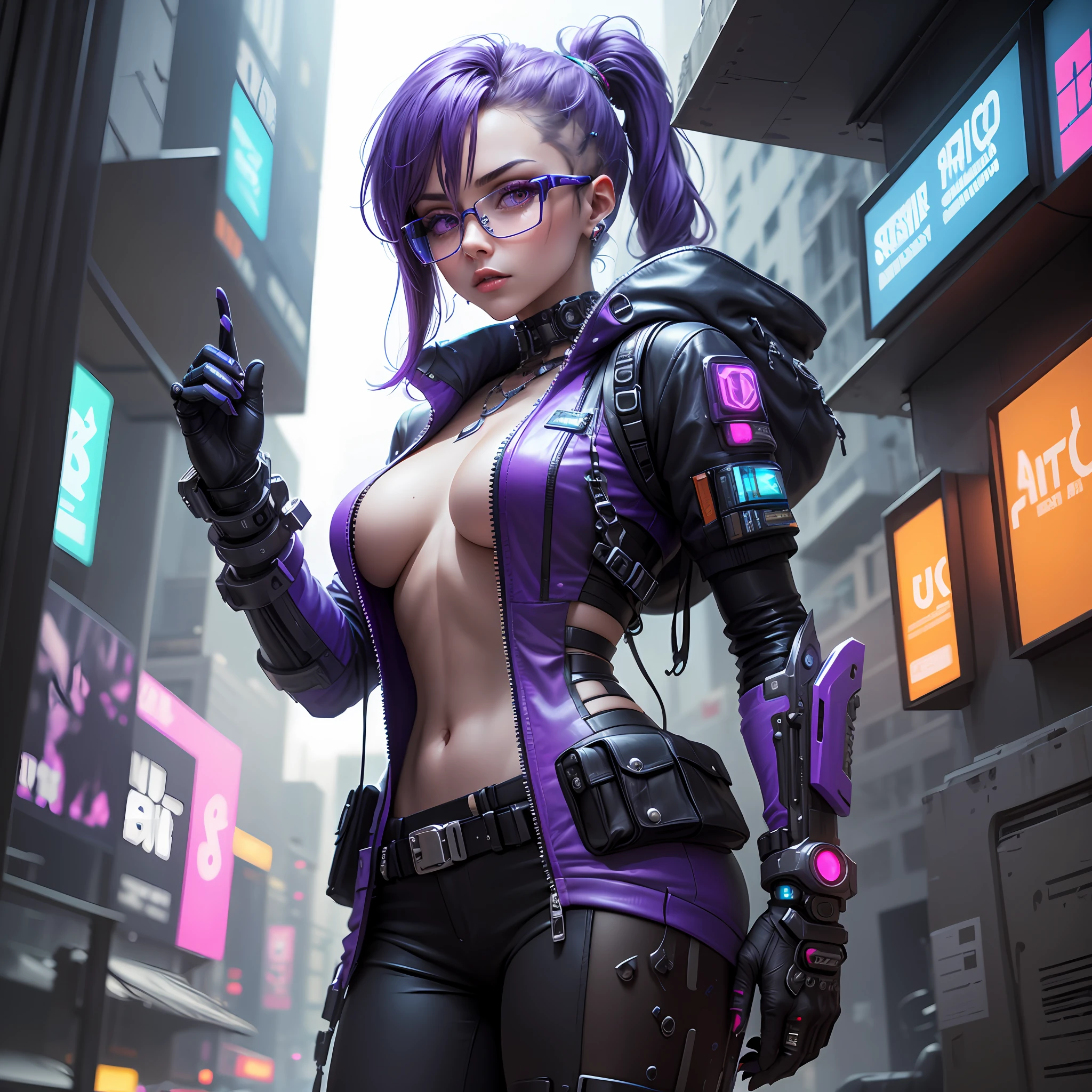 (extremely detailed, best quality, ultra-detailed),(cyberpunk theme, futuristic),possessing glasses of virtual reality,character expression should be cool and gorgeous,slightly tilted angle,purple and blue color scheme,grunge textures,scifi cybernetic implant enhancements. --auto