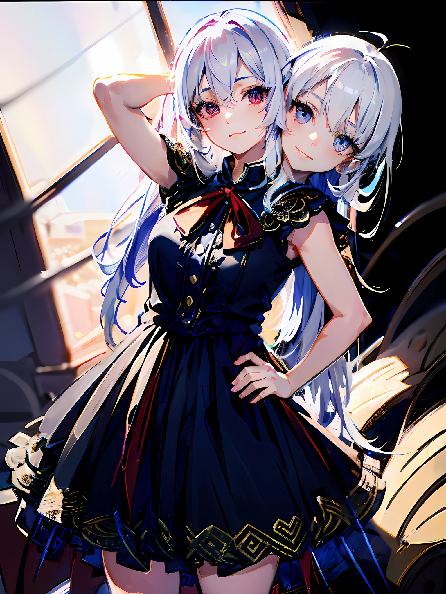 (highly detailed 8k wallpaper), best resolution, (2heads:1.5), anime girl with two heads, white hair, red eyes, winking, left head(red eyes), right head(purple eyes), right hand behind head, left hand on hip, wearing a dress, left leg bent, standing pose, natural pose, studio, white room backdrop