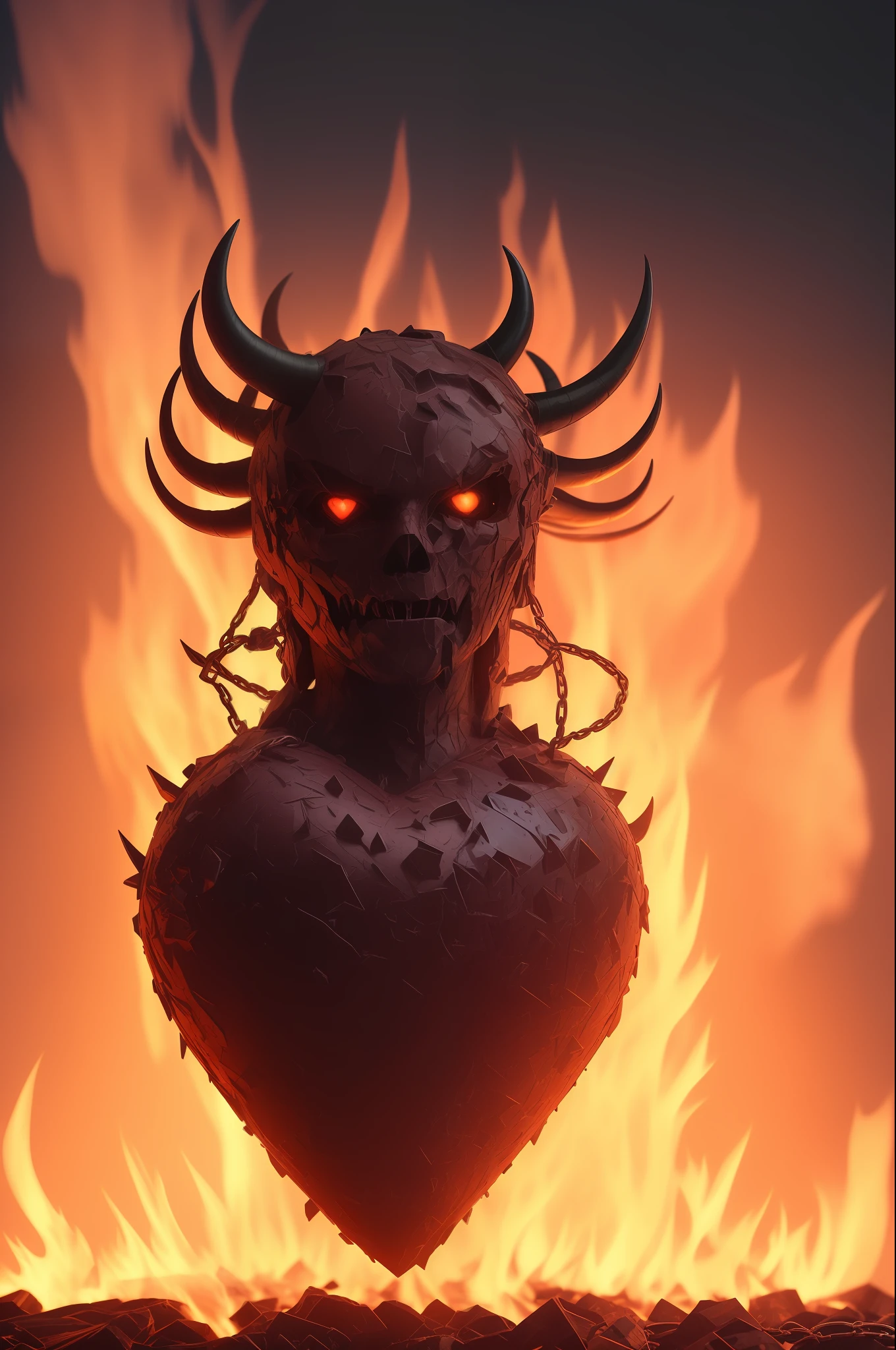 high quality image, A flesh ((human)) ((devil's heart)) burning hell, princess tower, Chains, Red hue, highly detailed, high resolution, ((ray tracing reflections)), dramatic lighting, 8k, intricate complexity, heavy volumetric cinematic perfect light, flames, pain, lava, demons, ((((The devil's human body)))), magical beams, epic scene, metal shards, red fire horns, fire rain, surreal futurism, realistic photo, photographed on a Canon EOS-1D X Mark III, 50mm lens, F/2.8, ((((intricately detailed, hyperdetailed)))), ((RAW color)), sharp focus, HDR, 4k resolution, Cinematic film, (((photorealistic 3d render))), ((scary))