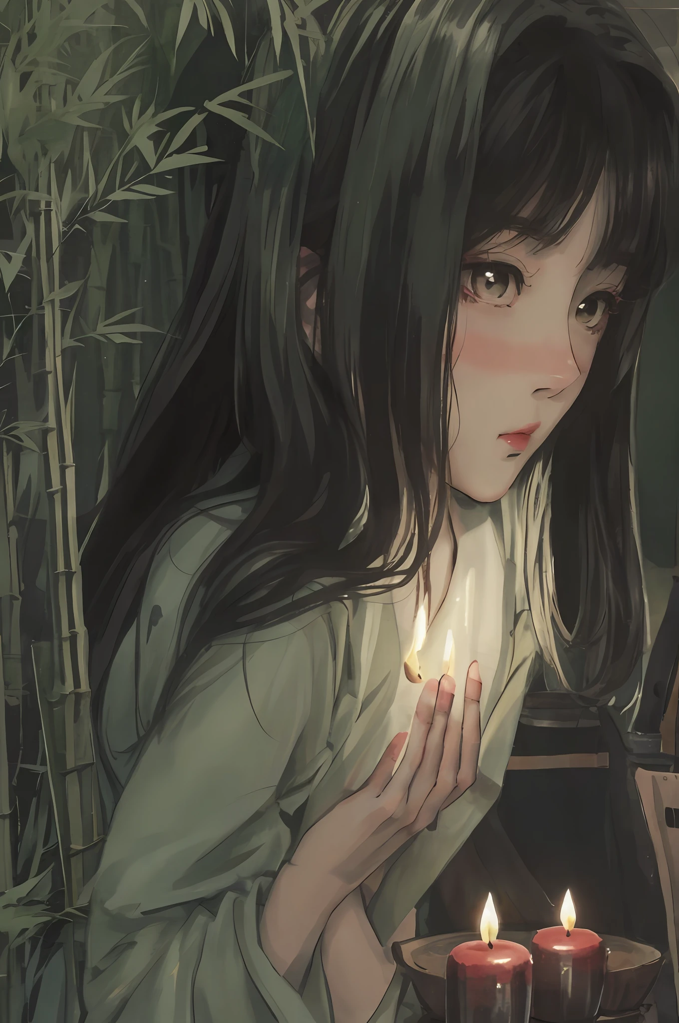 teens girl, Ancient style, Candle shadow, Play the guzheng, Bamboo forest，tmasterpiece