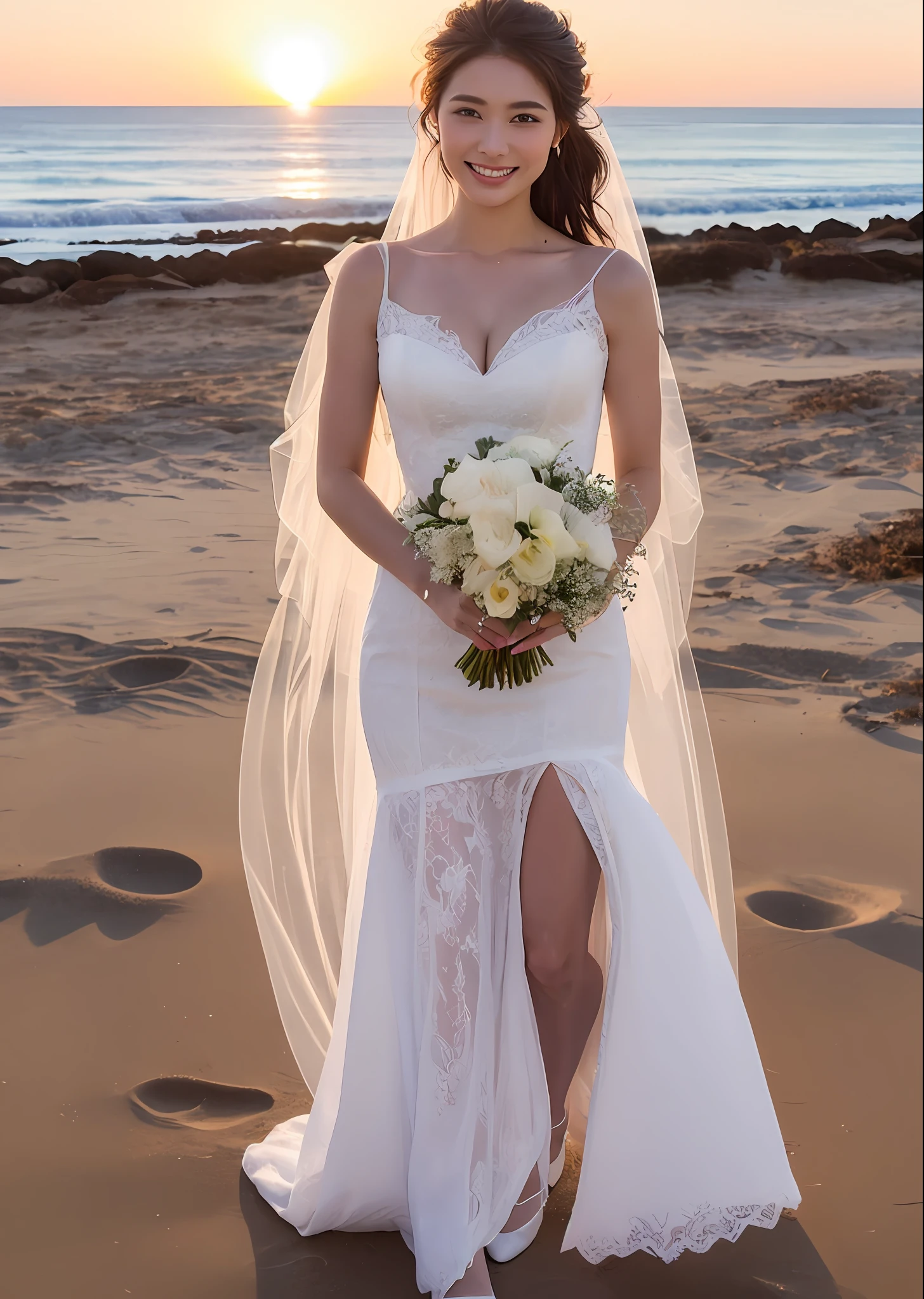 ((top-quality、​masterpiece:1.3)), fullllbody, long legged, foco nítido:1.2, Cute woman with perfect body shape smiling face:1.4, Slender Abs:1.1, ((dark brown  hair、hugetits:1.2)), (White luxury wedding dresses、White bouquet、White veil、tiarra、white stockings、White high heels、Having a bouquet、Standing alone), ((Beach at sunset:1.3)), Highly detailed facial and skin texture, A detailed eye, 二重まぶた、hugetits