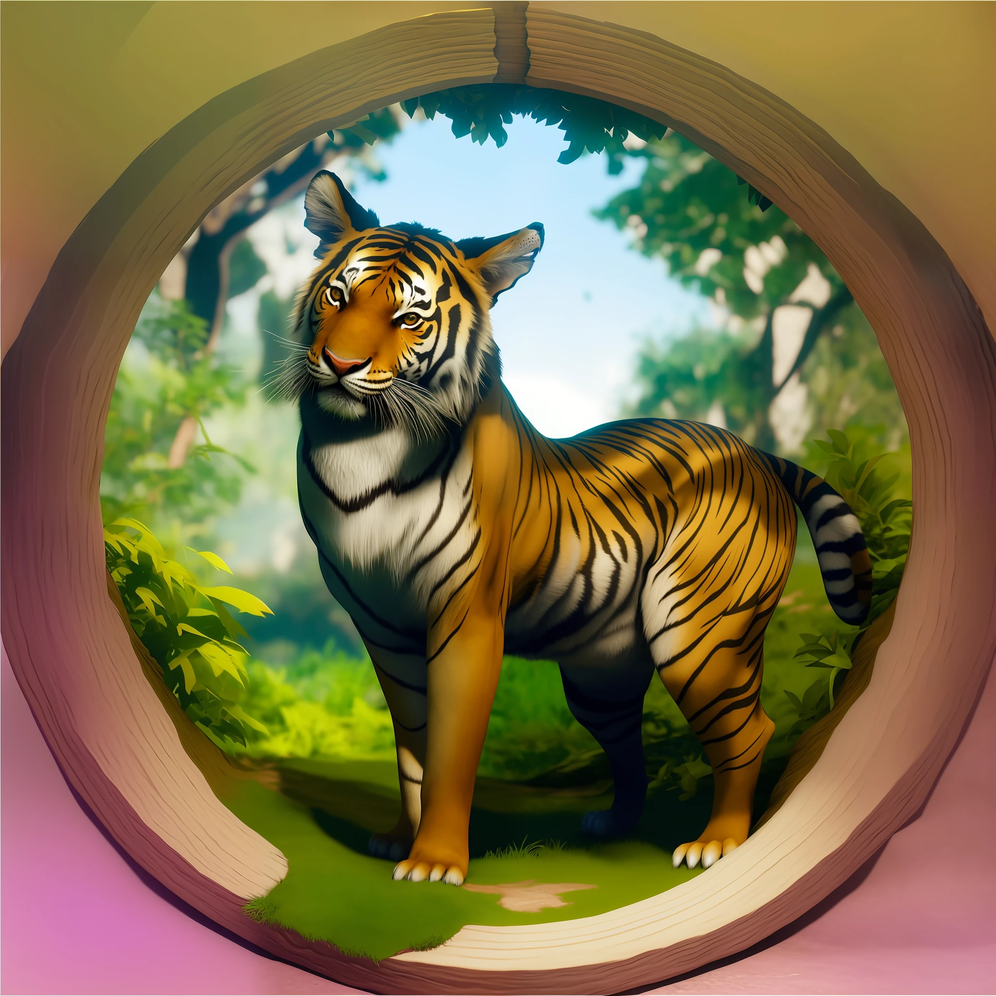 There is a fake tiger in a false circle in the grass, tilacino, um hiper realista, Cena realista, arte digital animal foto, vibrante realista, anthropomorphic tiger, Simba, bonito impressionante realista, gato dente de sabre, breathtaking realistic, realista surreal, um ultra realista, ( ultra realistic, tigre_animal, manchado ultra realista, altamente realista