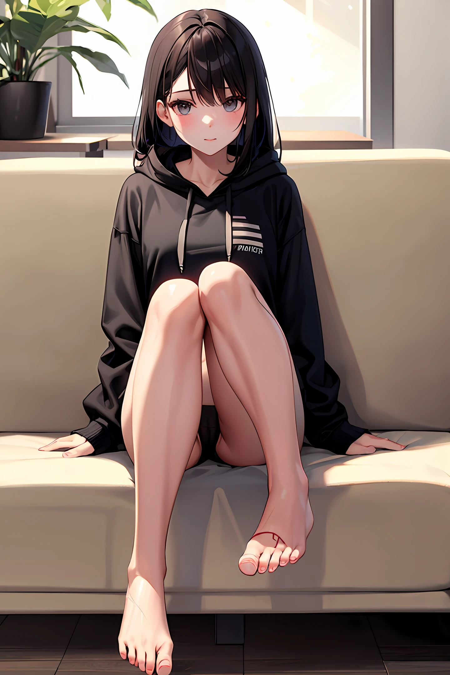 Black hair girl sitting  on couch in her panties and a hoodie with her bare feet out