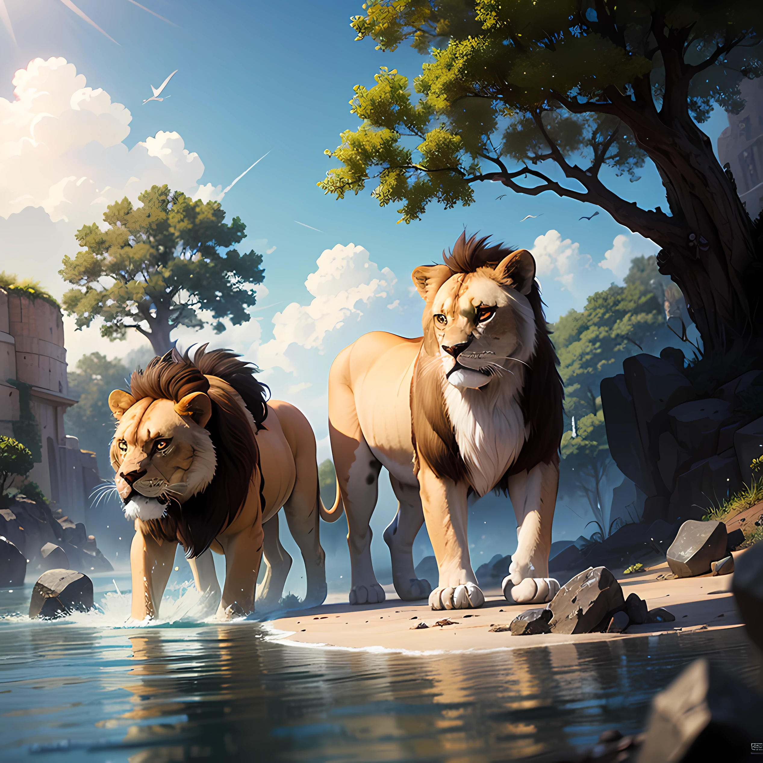 masterpiece, best quality, high quality, extremely detailed CG unity 8k wallpaper, a hyperrealistic colossal cyan raintree, in a futuristic prehistoric village, splashing water, sandy debris, lens flares, sunshaft, fluffy clouds, Hyperdetailed, HDR, bloom, Photorealistic, hyperdetailed, lions and cubs, cave, overlooking a green feild --auto