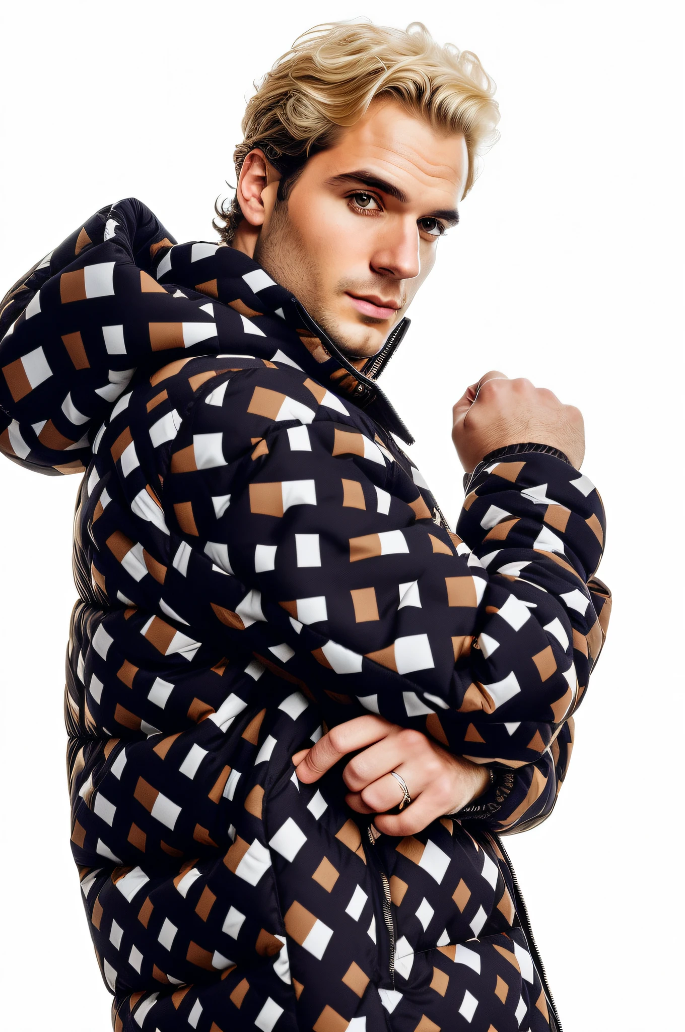 hernry cavill in a black and white checkered jacket posing for a picture, model wears a puffer jacket, patterned clothing, inspired by Ugo Nespolo, inspired by Tommaso Redi, official vuitton editorial, profile shot, inspired by Salomon by Abbé, graphic print, puffer jacket, inspired by Harrington Mann, photoshoot, The hair is black instead of blond, the face is very similar to henry cavill's and the hands are a little bigger and a little more hairy.