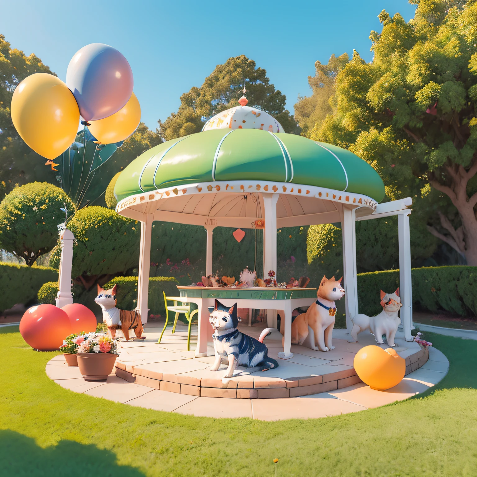 (Feast of dogs and cats:1.5) no jardim, (muita alegria), (muita brincadeira),(uma mesa de bolo),(many balloons),(estilo Disney),(clima alegre e infantil),(desenhos animados dos sonhos) --auto