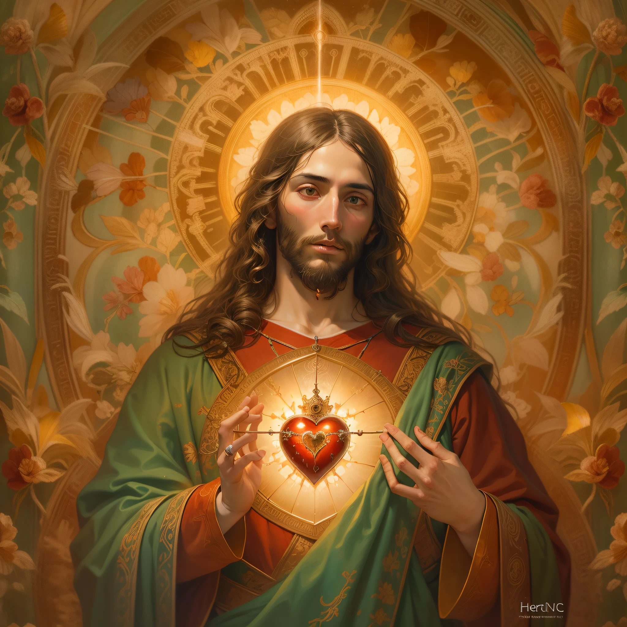 {{A realistic depiction of the Sacred Heart of Jesus}} with intricate details and vibrant colors. This is a Carl Heinrich Bloch-inspired image that showcases the divine beauty and compassion of Jesus Christ. The environment/background should be heavenly, with soft rays of light illuminating the scene, creating a serene and sacred atmosphere. The image should be in the style of a religious painting, incorporating elements of classic religious art. The close-up shot, captured with a medium telephoto lens, will provide an intimate view of the Sacred Heart, highlighting its significance. The lighting should be ethereal, with a warm and gentle glow enveloping the heart, emphasizing its divine nature. The desired level of detail is high, with a high-resolution to capture the intricate brushwork and delicate nuances. The goal is to create a reverential image that captivates viewers with its sublime beauty and inspires devotion.