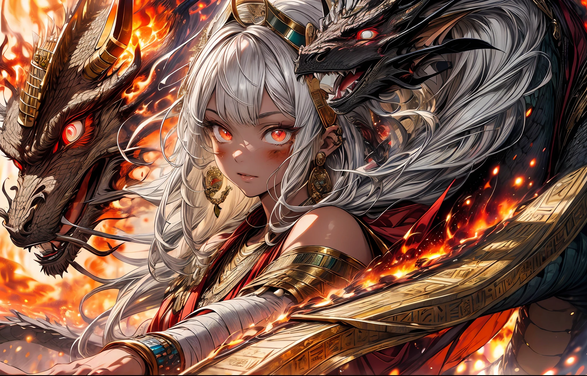 Realistic, (masterpiece, top quality, best quality, official art,), very detailed, most detailed, (1girl:1.3), gods, white hair, (glowing red eyes), mysterious, (magic), handsome men, ((Egyptian style)), headdresses, gold ornaments, bandages, pharaohs,temple background, ((fire:1.5)), intricate detail,((dragon))