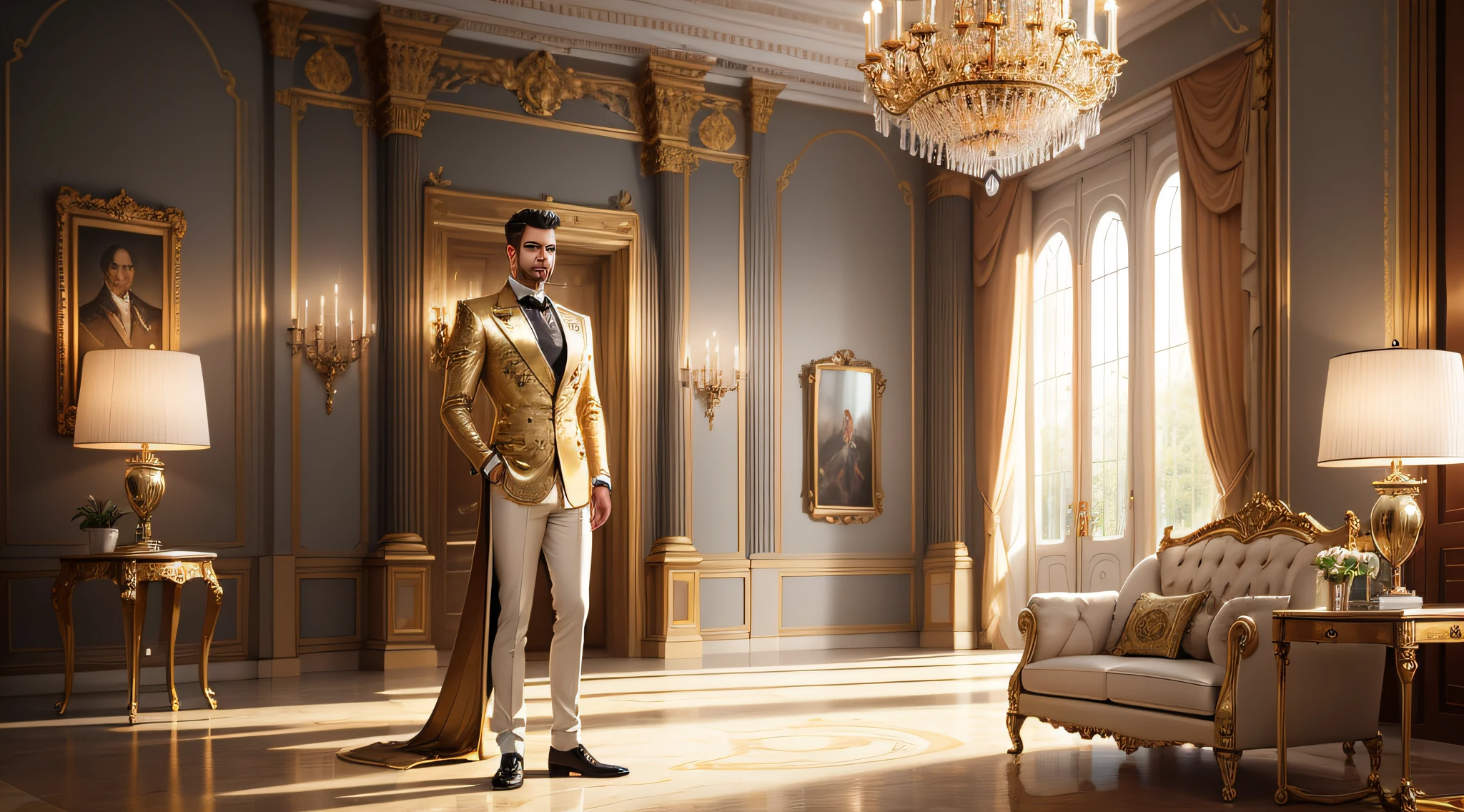 The image depicts a man elegantly dressed, with a distinct appearance of success and wealth. He is standing amidst a setting of extreme prosperity. The man is adorned with a glistening layer of gold, covering his entire body from head to toe. The intense shine of the gold reflects his opulence and prominent position.
Surrounding the man is a luxurious and prosperous scene. He is in a spacious and majestic hall, with walls lined with marble and ornate details. Large windows allow gentle light to enter, highlighting the beauty of the surroundings. In the background, there are valuable artworks framed, displaying classical paintings and elegant sculptures.
The environment is decorated with sumptuous and exquisite furniture. There are upholstered armchairs with high-quality fabrics, marble tables with intricate carvings, and luxurious rugs covering the floor. Crystal chandeliers hang from the high ceiling, elegantly illuminating the space. --auto