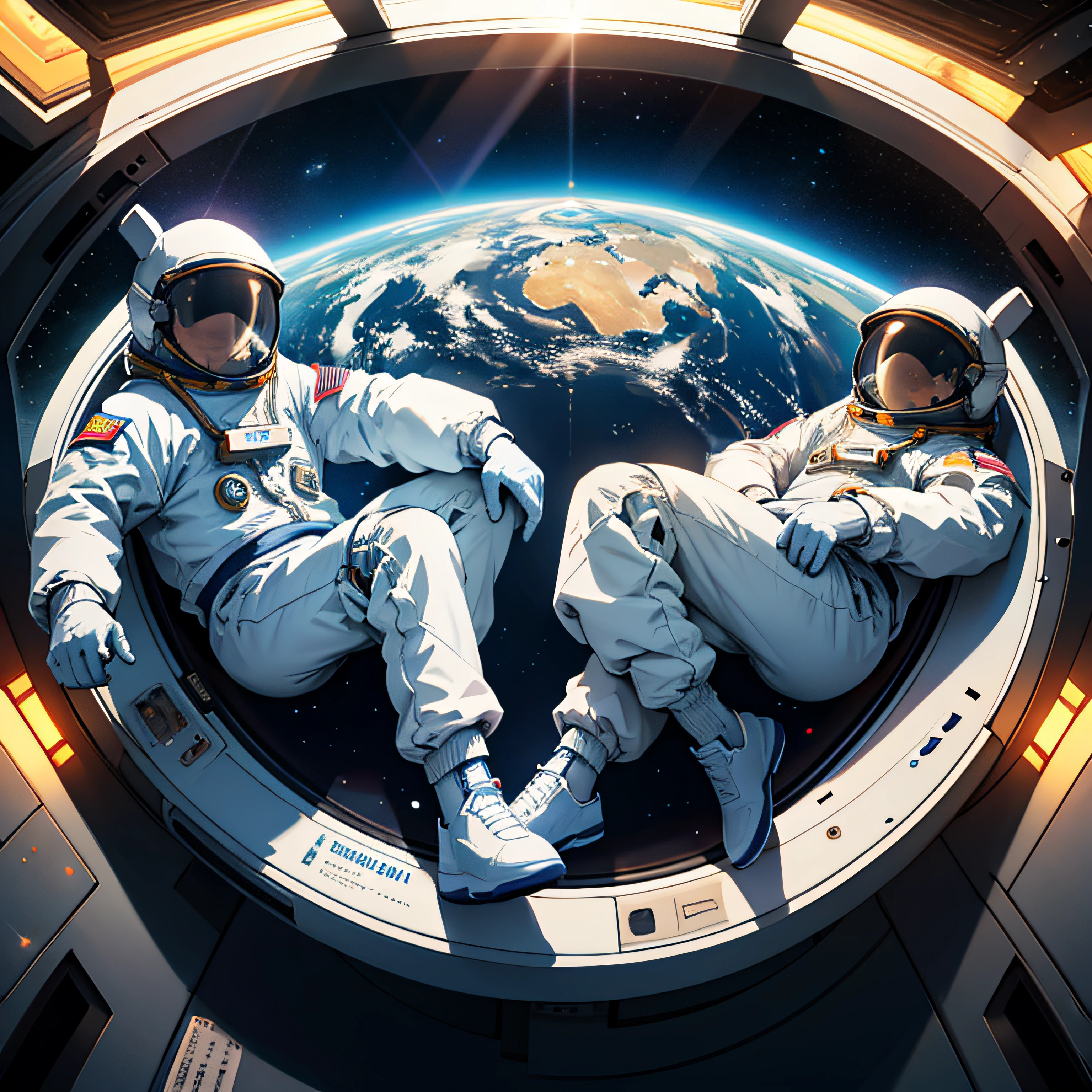 Astronauts sitting on a sphere in space with a bright star in the background, cartoon, sticker, space, engraving --auto