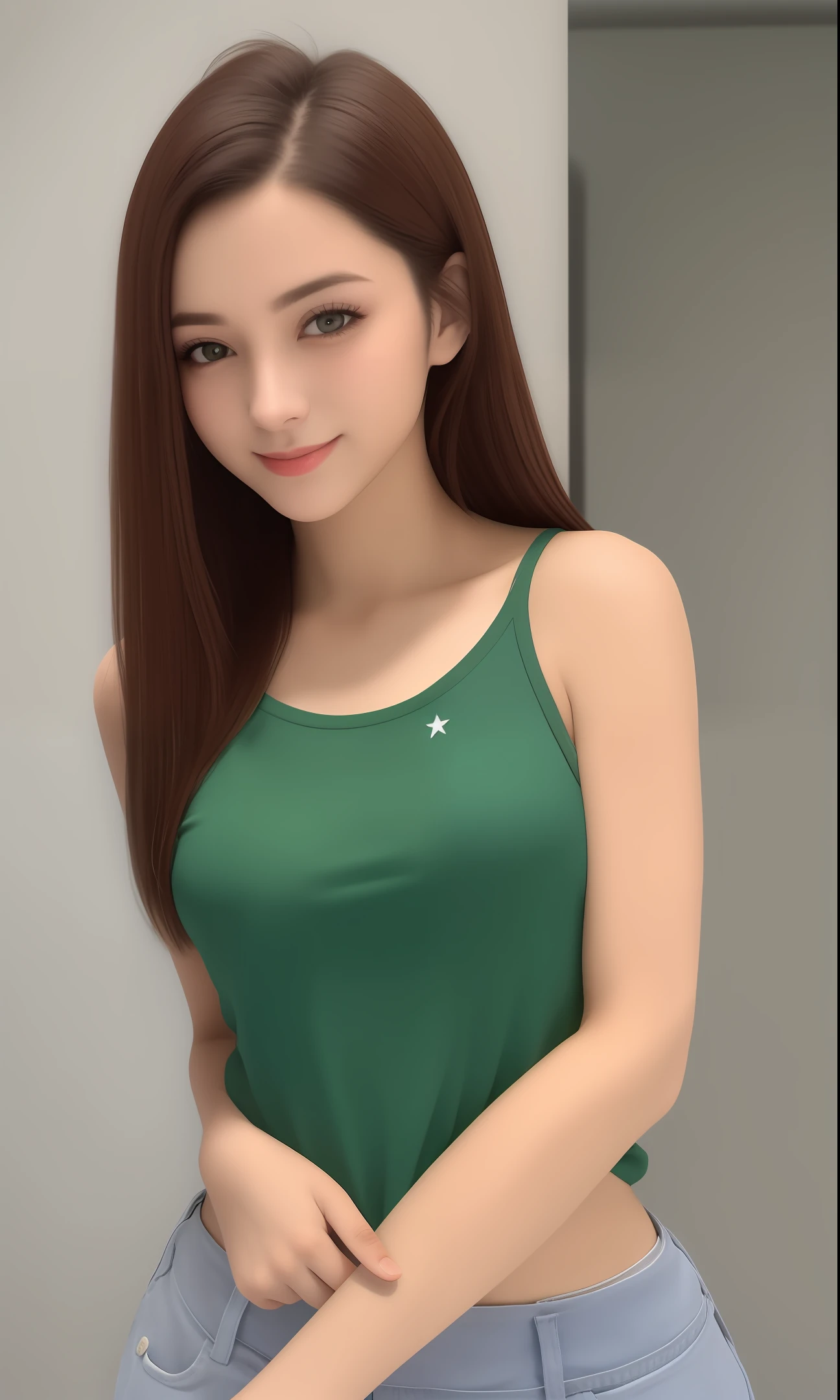 ((Qualidade Superior, 8K, Obra-Prima: 1.3)), Foco: 1.2, Beleza Corporal Perfeita: 1.4, Bunda: 1.9, ((Corte de Cabelo em Camadas, Peito: 1.2)), (Roupa Molhada: 1.1), (fundo verde: 1.3), Camisola: 1.1, Highly Detailed Facial and Skin Texture, Olhos verdes e Estreitos, 二重まぶた, Pele Branqueadora, Cabelos Longos, (Cale a Boca: 1.3), Sorriso