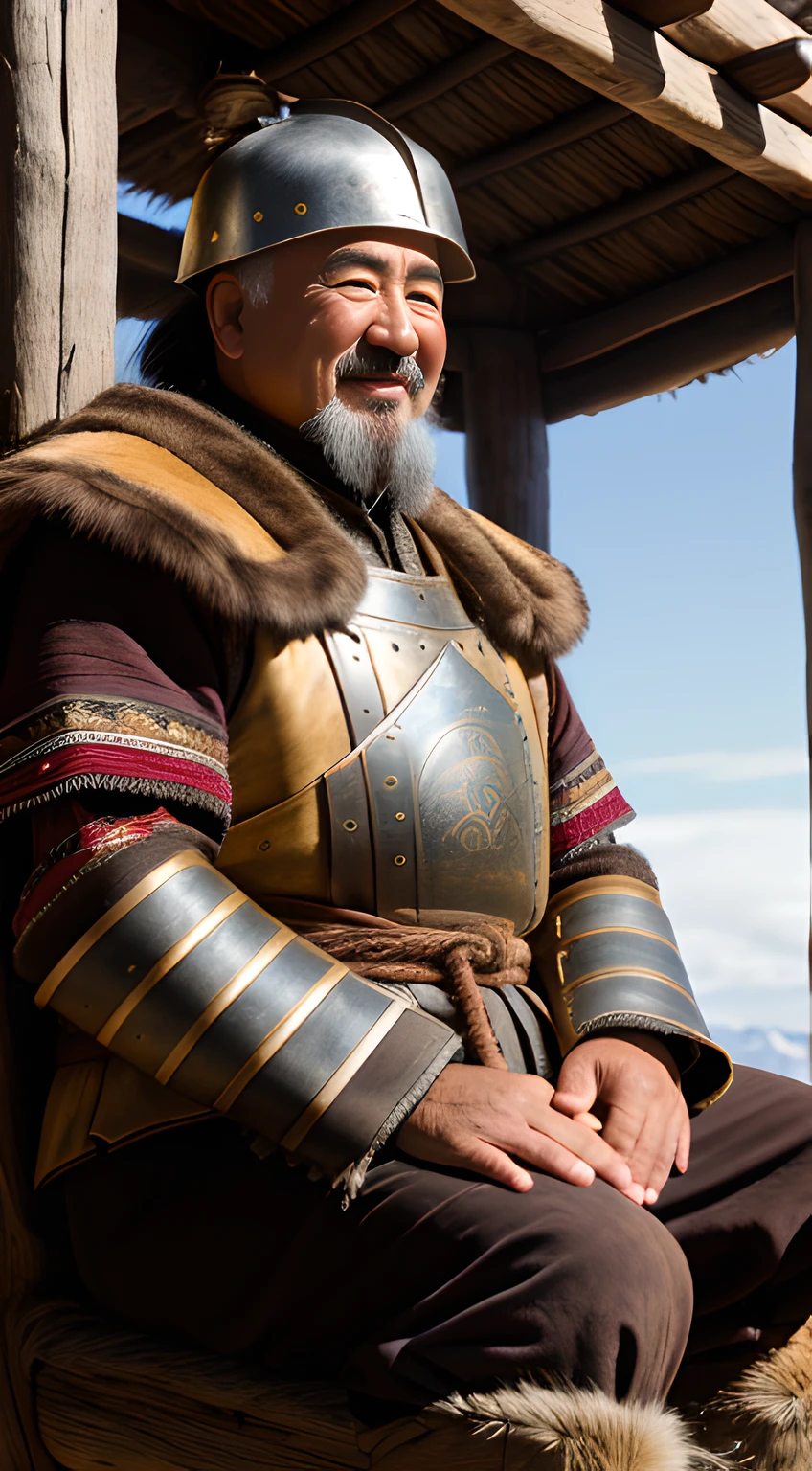 (masterpiece, 8K, UHD, photo-realistic:1.3), elderly Genghis Khan, (weathered Mongolian battle attire:1.2), iron helmet, fur lining, leather armor, sitting in a (rustic wooden swing chair:1.1), vast open steppe background, yurt village, roaming horses, holding an (antique globe:1.2), ancient map details, warm colors, afternoon sunlight, (wrinkled hands:1.1), gleeful smile, relaxed posture, side view.