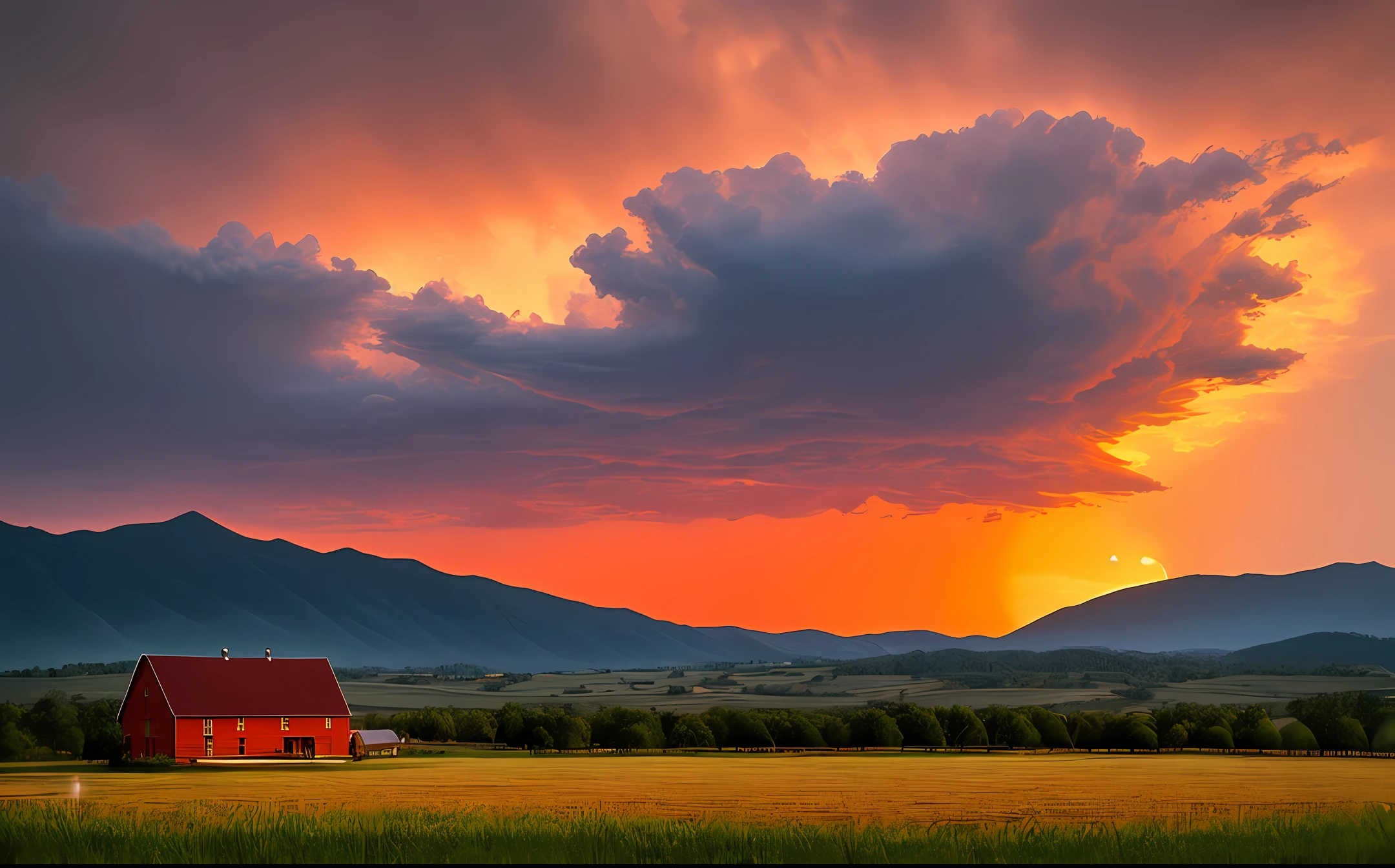 Photorealistic rendering of a tornado over an old farm, thunder around, orange sky As the sun set behind the mountains, perfect composition, abstraction, surrealism