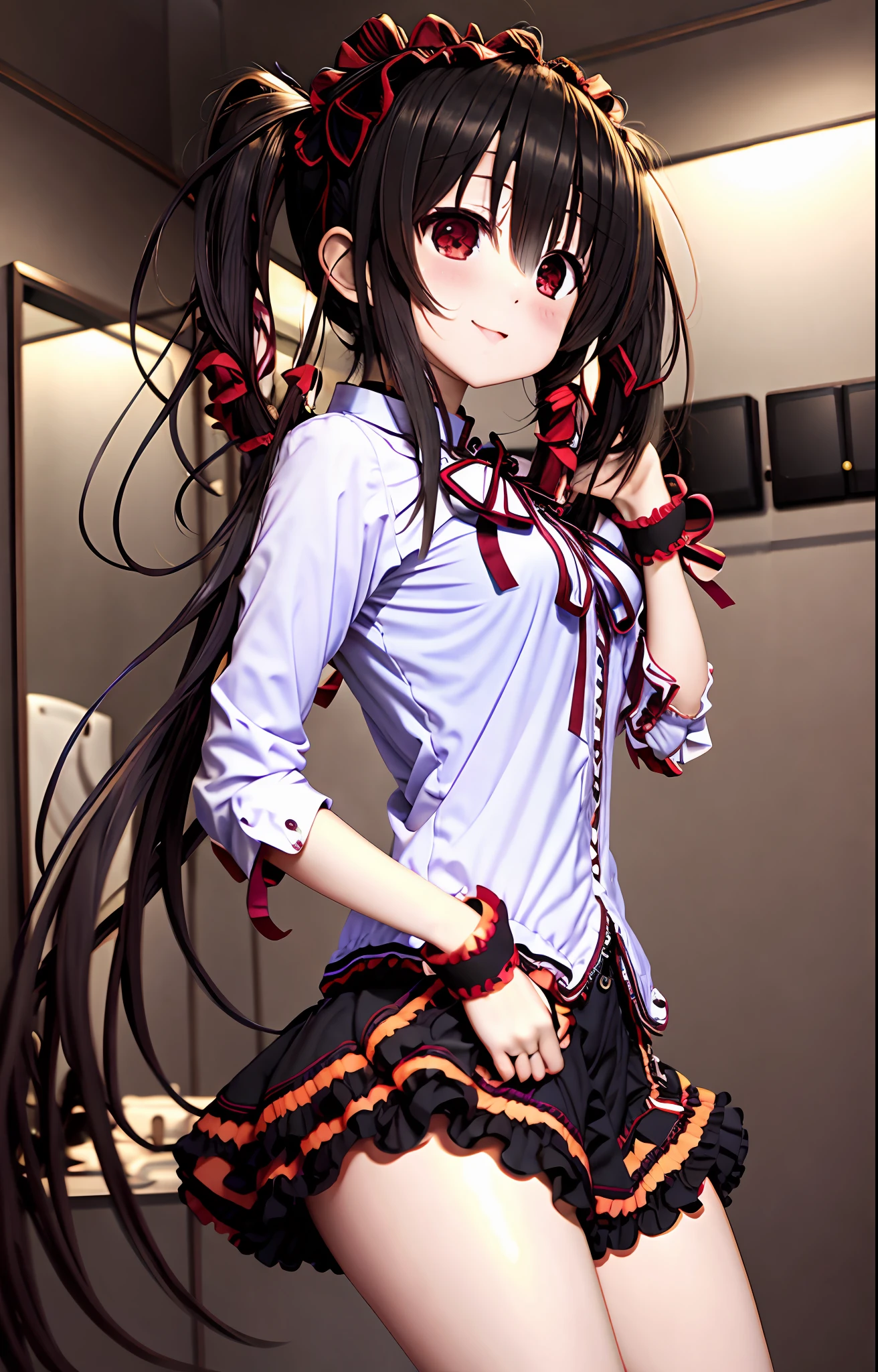 araffe in a black and white outfit posing in a bathroom, anime girl cosplay, tokisaki kurumi, lseductive tokisaki kurumi portrait, tokisaki kurumi, kurumi, seductive anime girl, with black pigtails, full body xianxia, trending at cgstation, glamorous tokisaki kurumi, anime cosplay, portrait of tokisaki kurumi