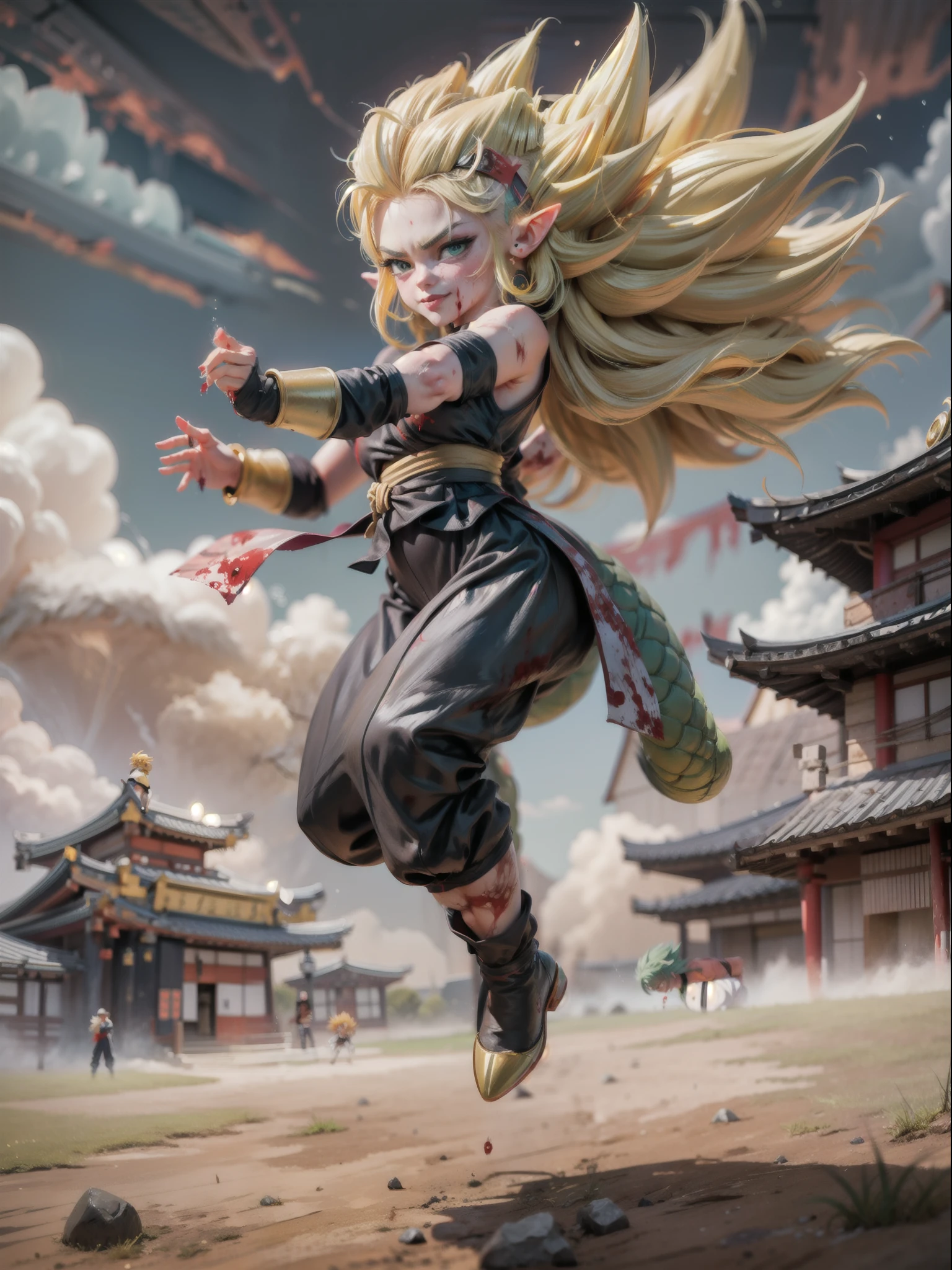 ((full body, standing):1.5), {(Princess Zelda)}, {((wearing black ninja costume, with golden bands, extremely tight body, ninja mask on face)), ((extremely large breasts)) , ((Super Saiyan Pink hair, sparkling green eyes)), ((blood on clothing and floor):1.4)), looking at viewer, smiling, ((striking fighting pose))}, {((in an ancient Japanese temple, clouds in the sky, people of different ethnicities, people fighting))} ((Dragon Ball Super Saiyan)), 16k, best quality, best resolution, best sharpness, ultra
