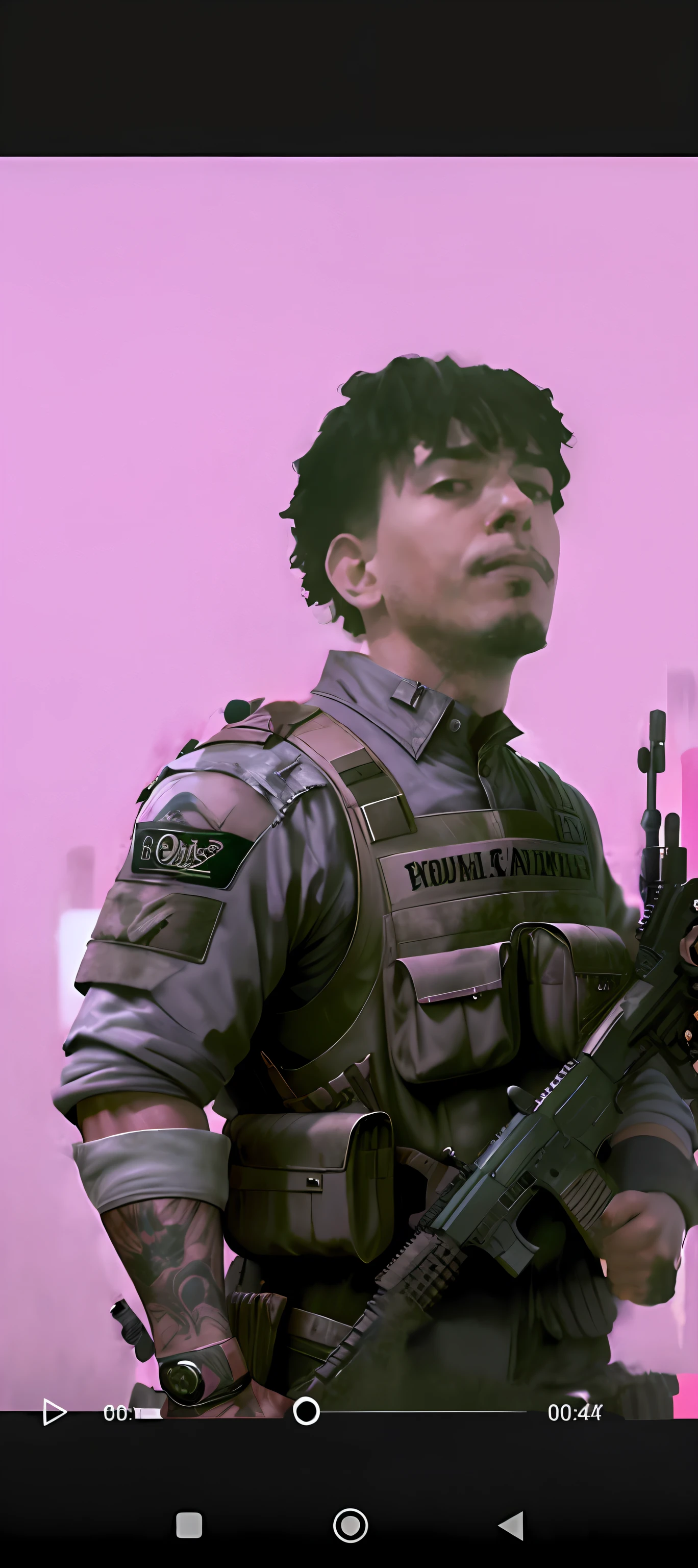 Black hair guerrilla with black worn uniform and assault vest, uses assault rifle, ruined background, realistic, elegant, HDR, intricate details, hyperdetailed, cinematic, rim light, danger atmosphere, ????, night, red light, dark street, rain, 4K