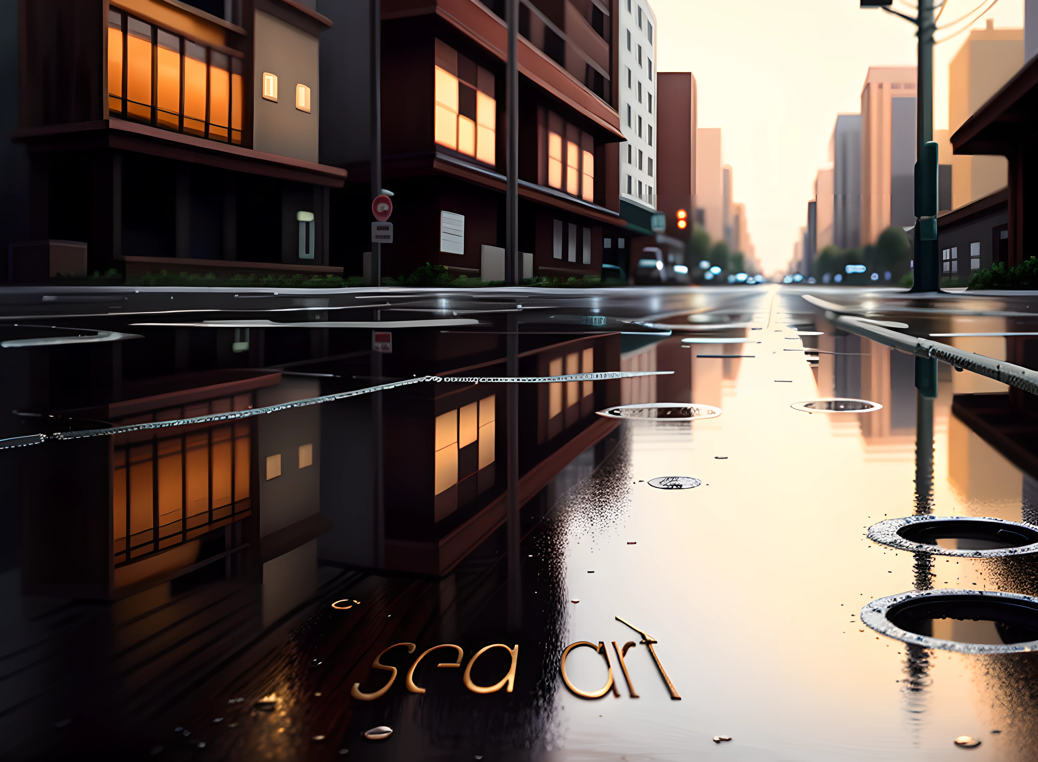 A downtown street is wet, there are small puddles, in the puddles are reflected in the middle bottom of the image, some words written on (a piece of deteriorated wooden sign)